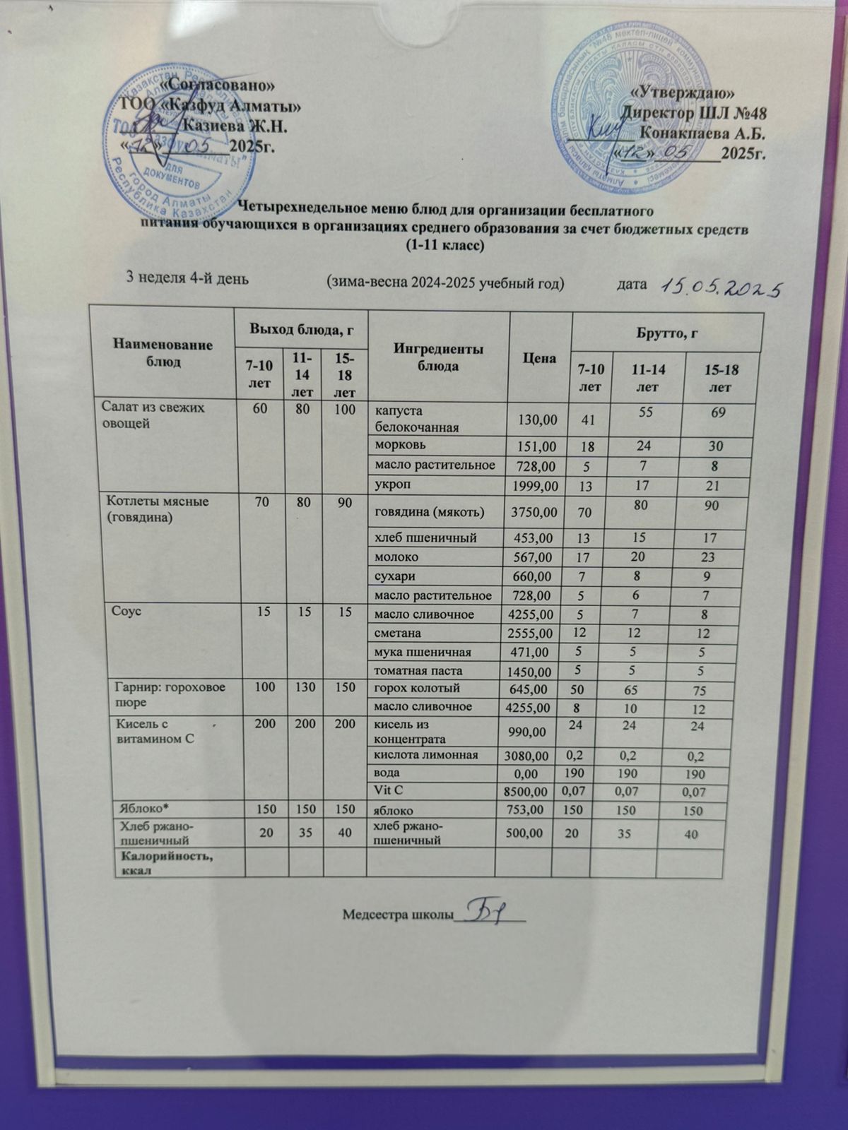 Меню на четверг (3 неделя 2024-2025 уч. года)