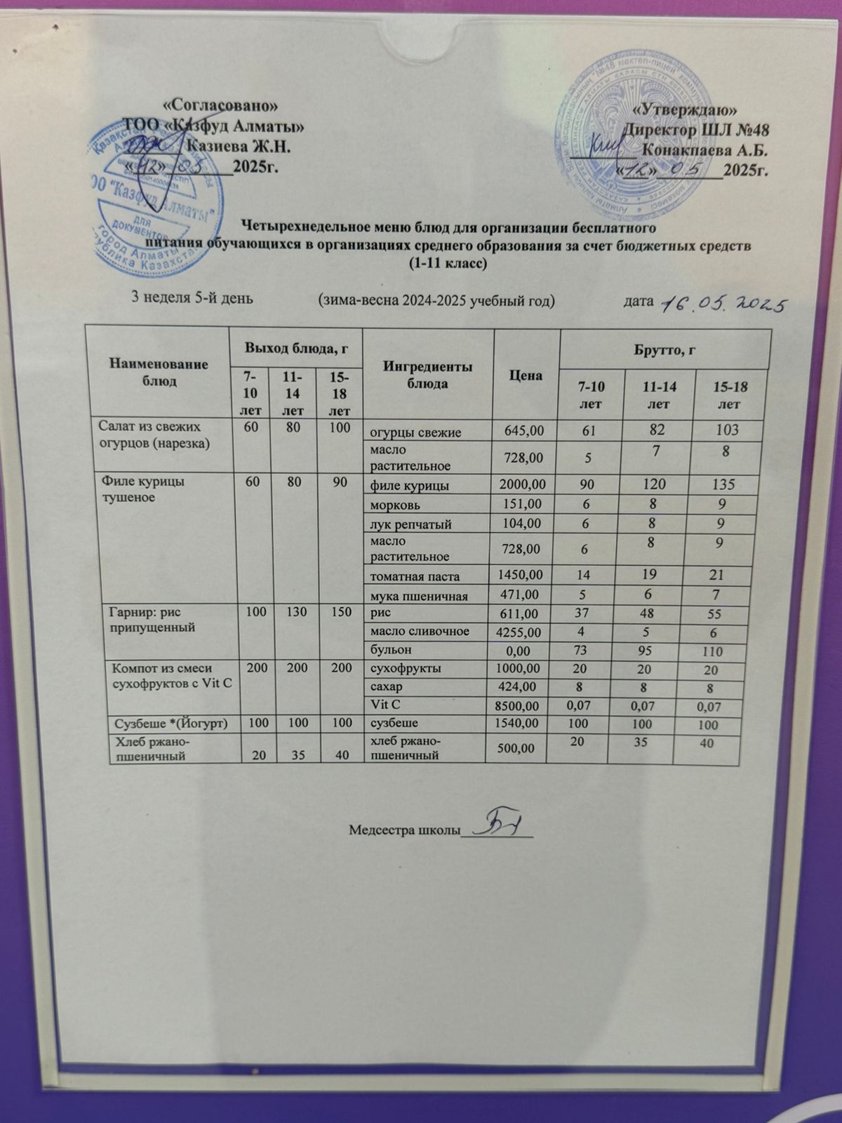 Меню на пятницу (3 неделя 2024-2025 уч. года)