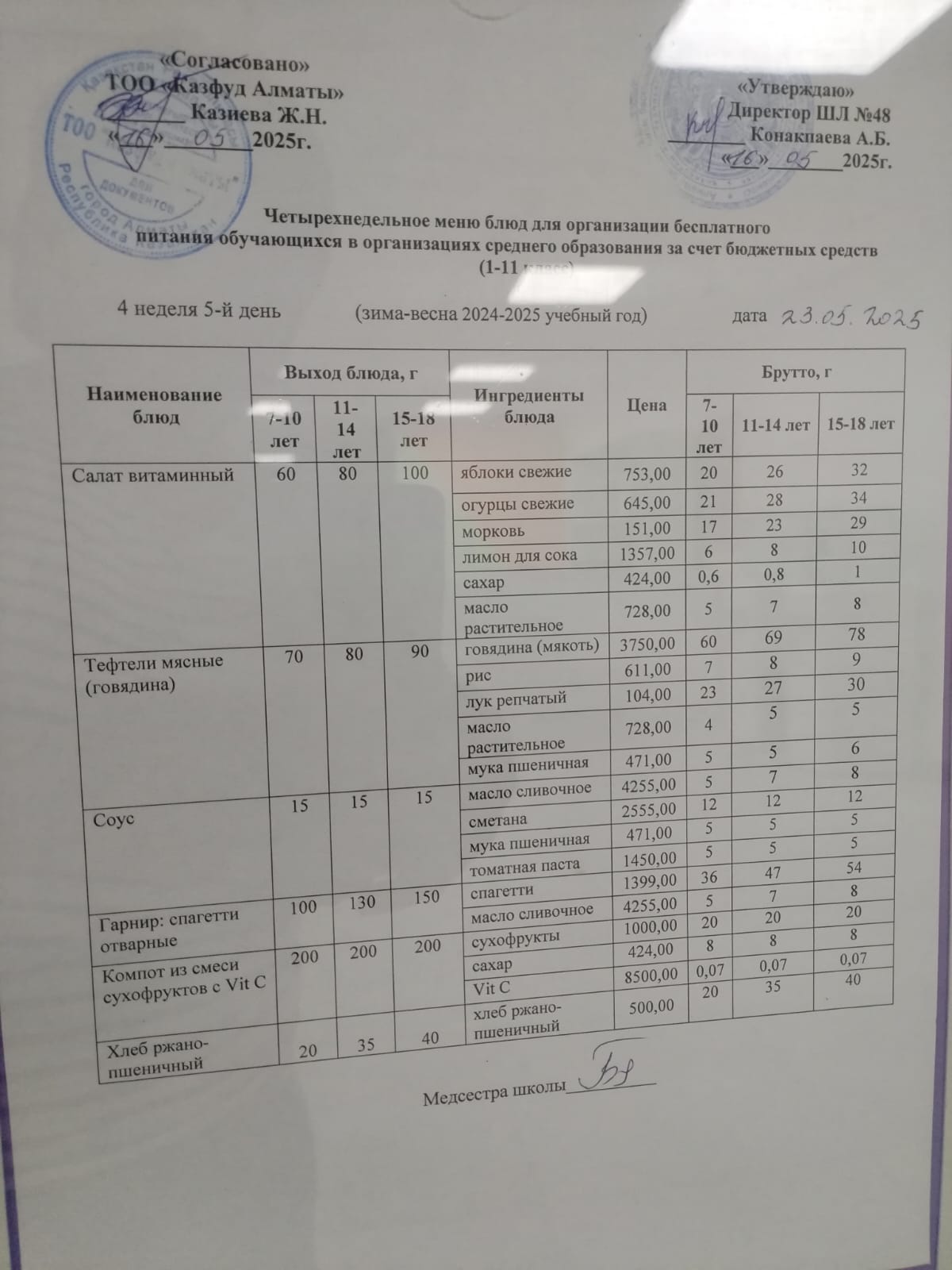 Меню на пятницу (4 неделя 2024-2025 уч. года)