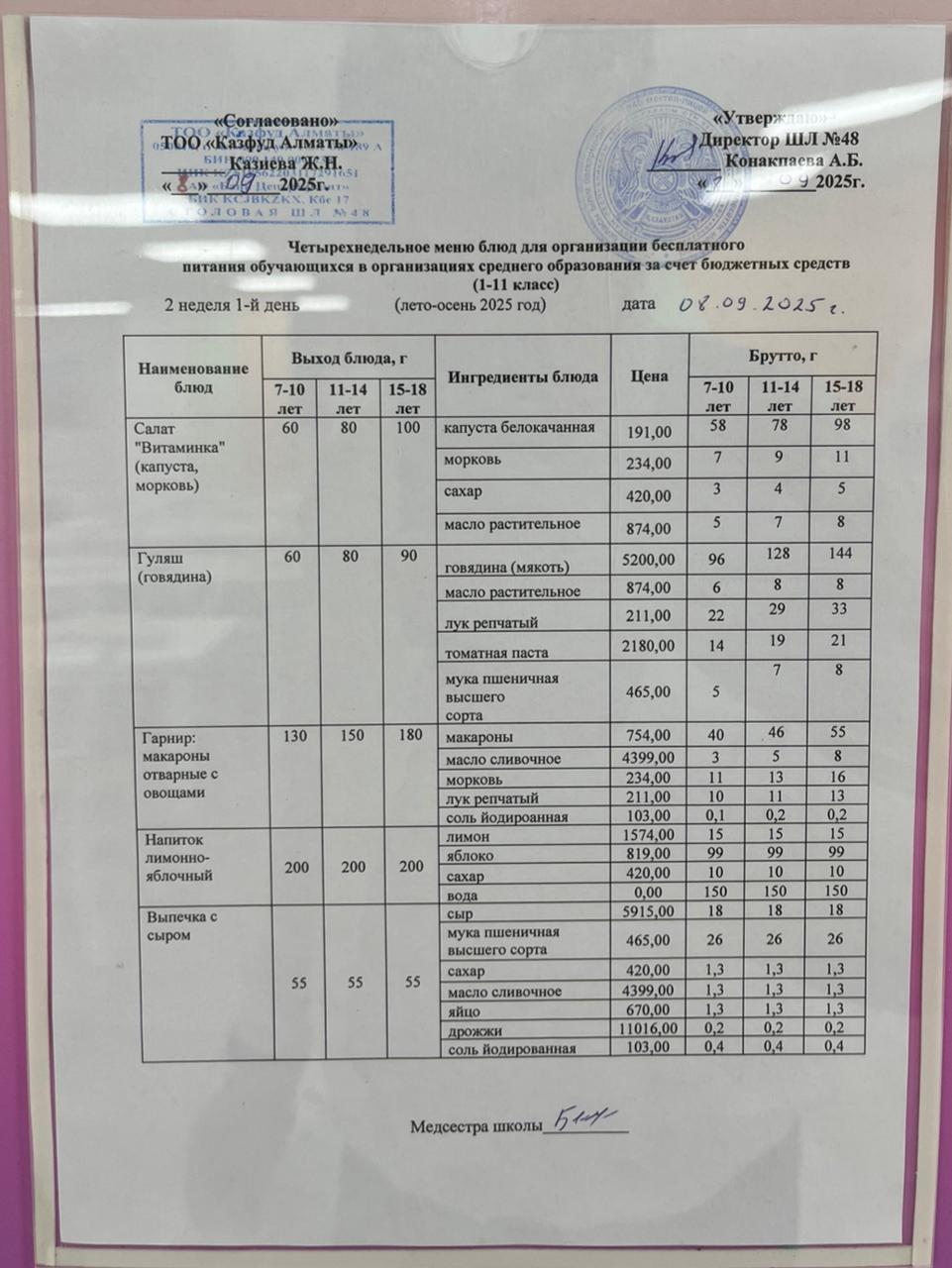 Меню на понедельник (2 неделя 2025-2026 уч. года)