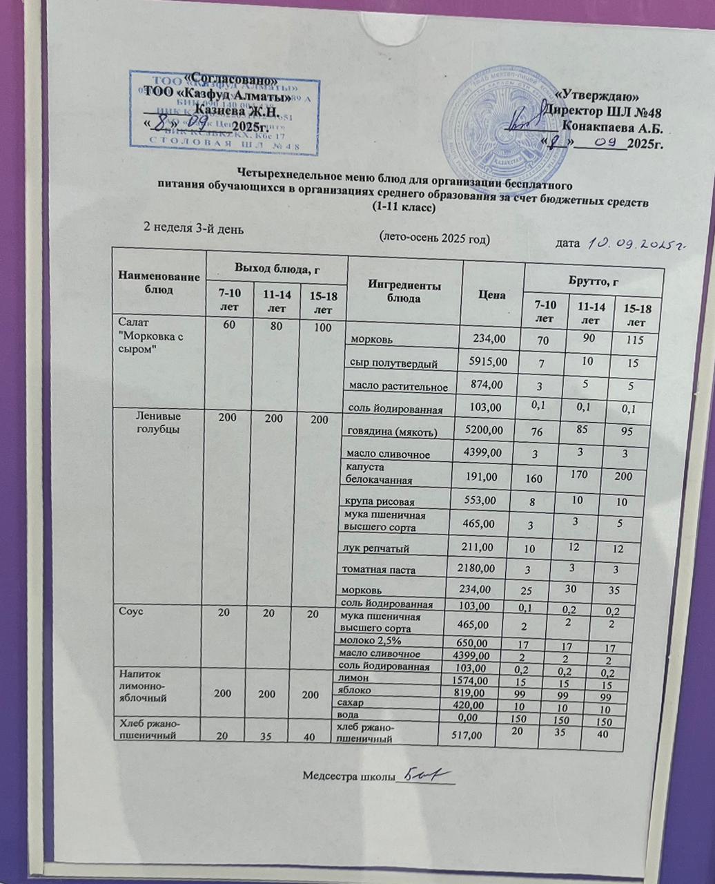 Меню на среду (2 неделя 2025-2026 уч. года)