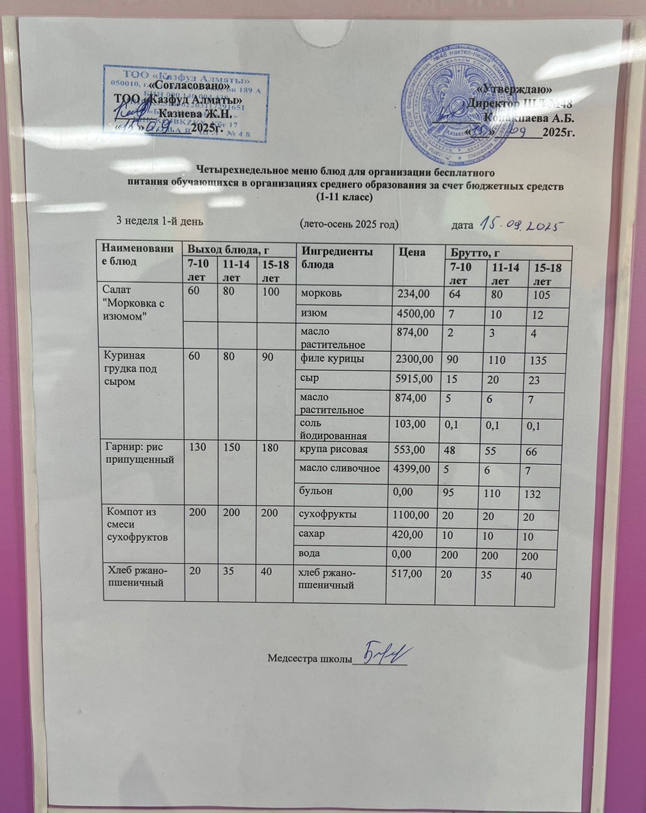 Меню на понедельник (3 неделя 2025-2026 уч. года)