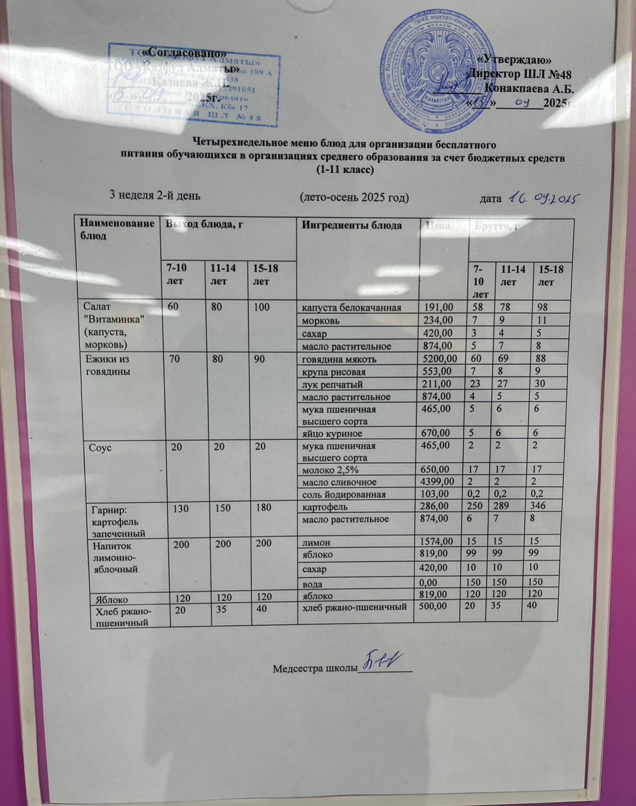 Меню на вторник (3 неделя 2025-2026 уч. года)