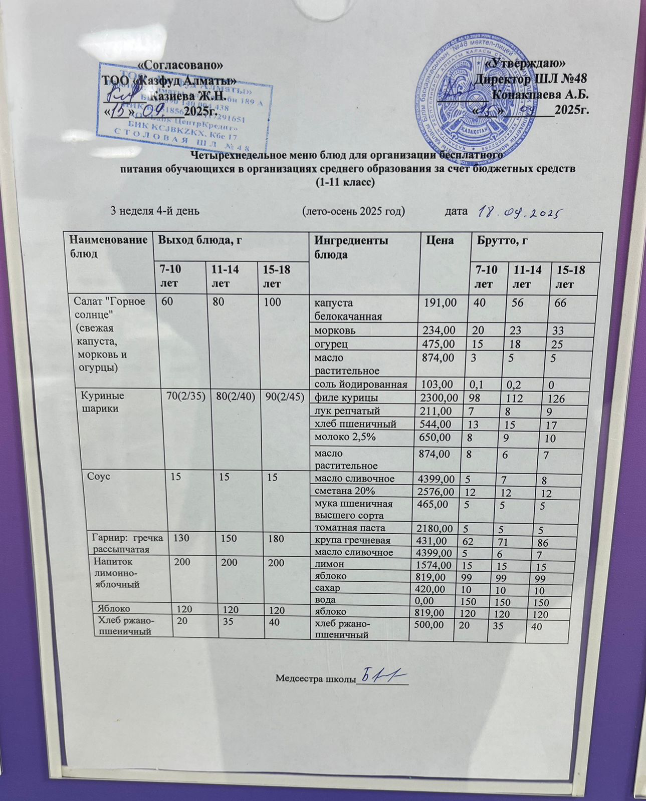 Меню на четверг (3 неделя 2025-2026 уч. года)
