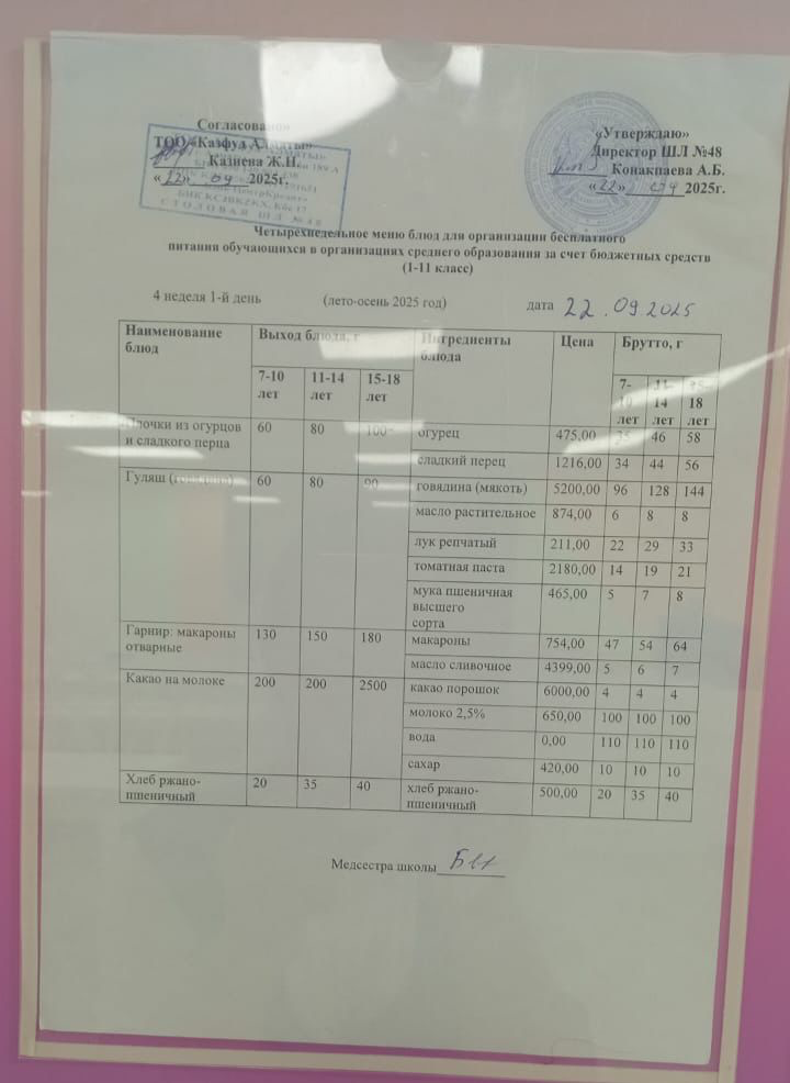 Меню на понедельник (4 неделя 2025-2026 уч. года)