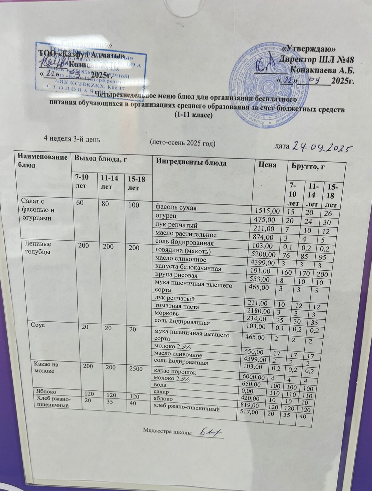 Меню на среду (4 неделя 2025-2026 уч. года)