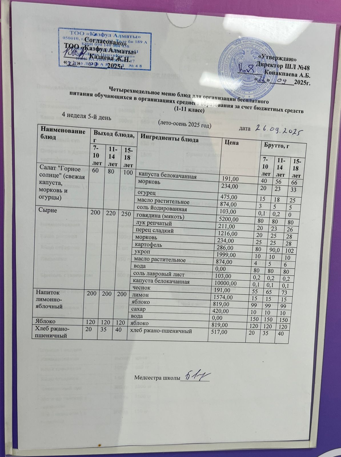 Меню на пятницу (4 неделя 2025-2026 уч. года)