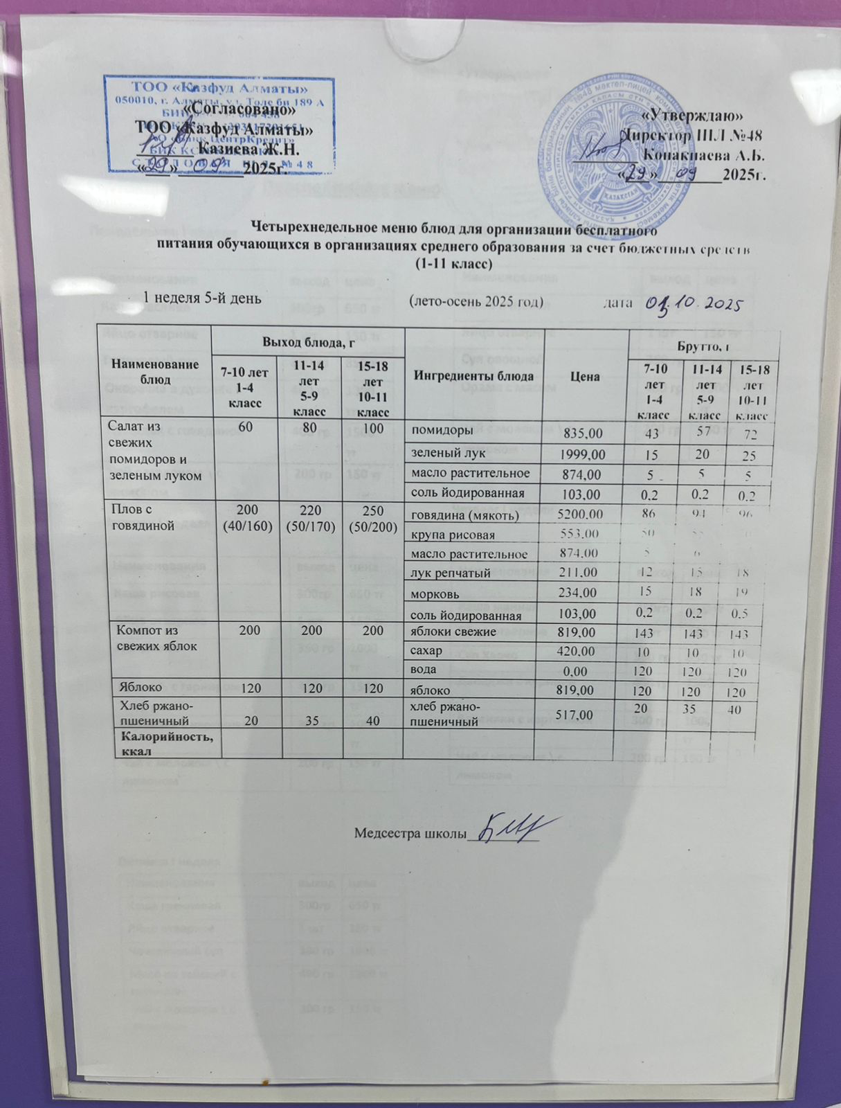 Меню на пятницу (1 неделя 2025-2026 уч. года)