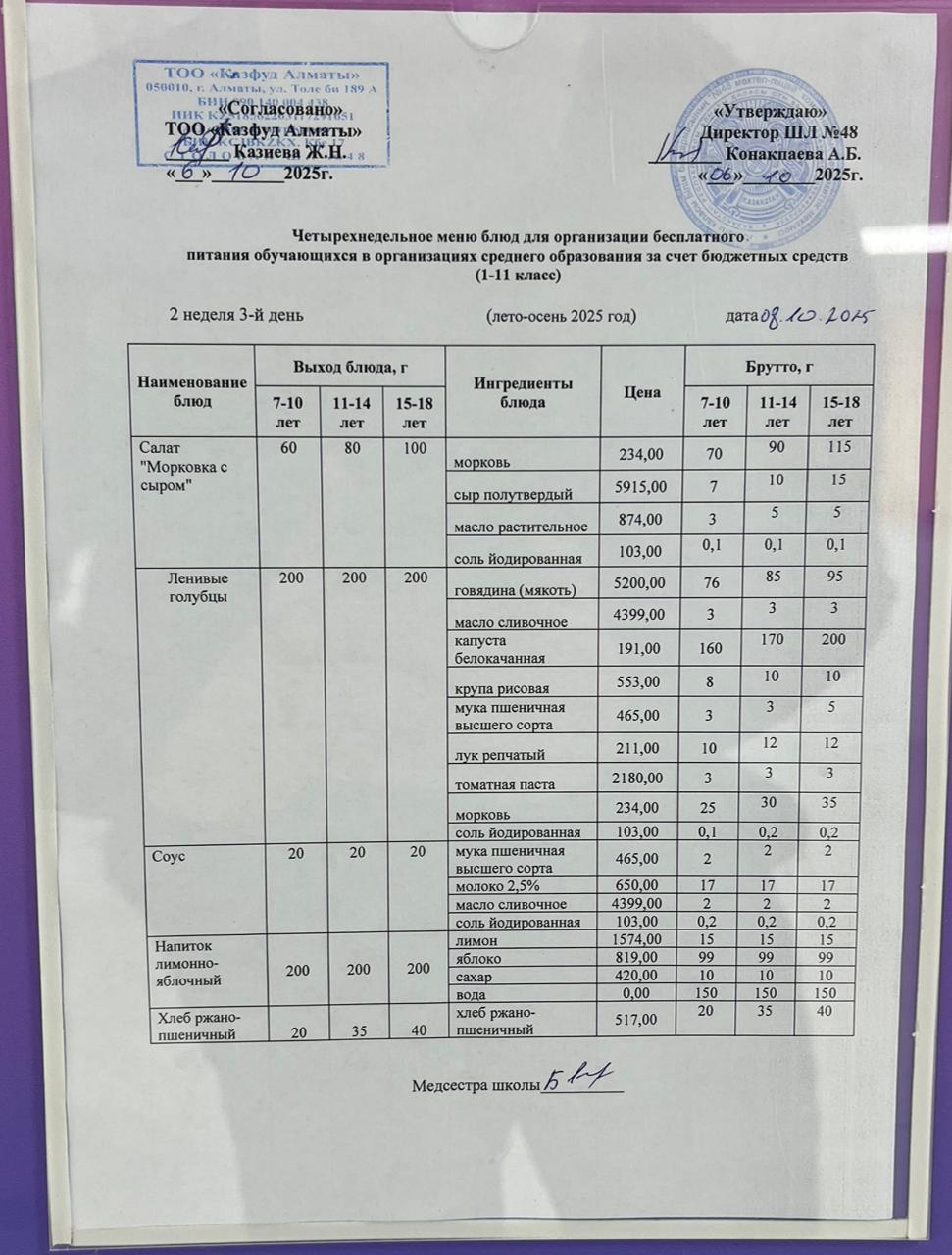 Меню на среду (2 неделя 2025-2026 уч. года)