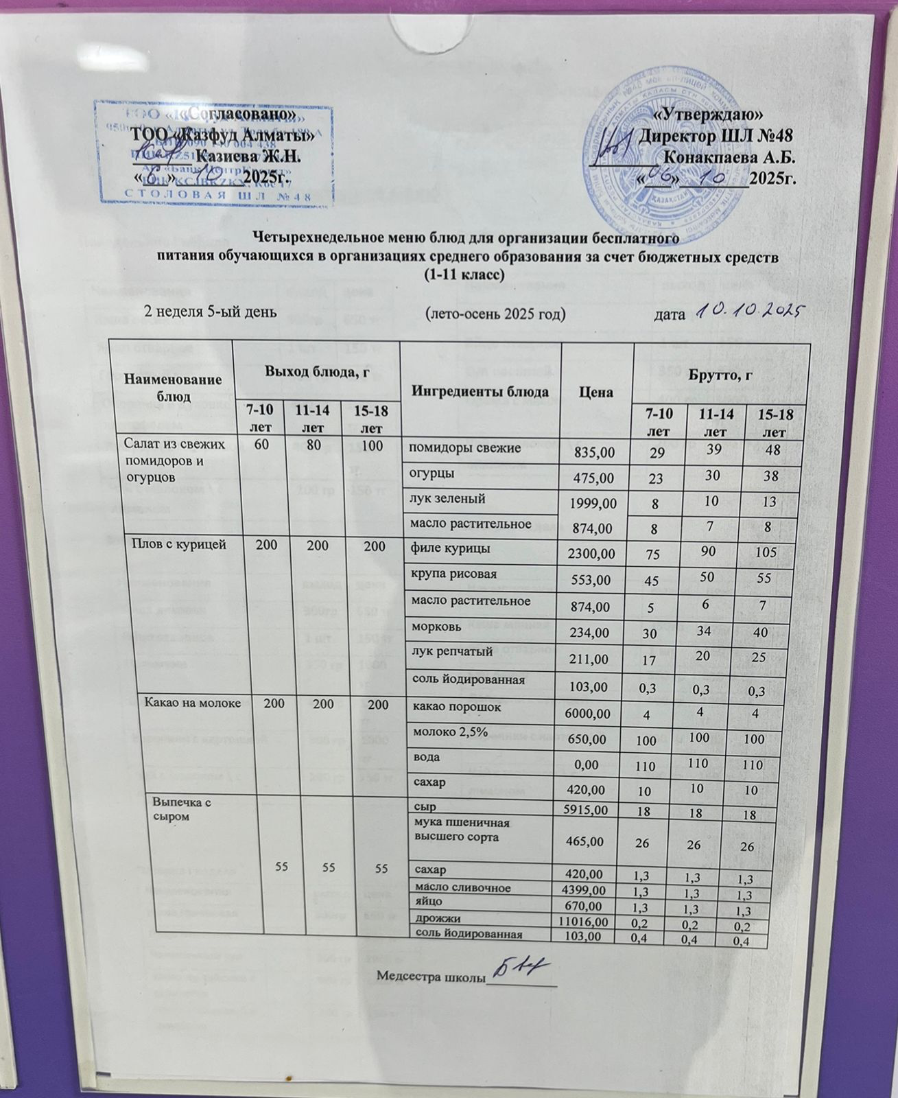 Меню на пятницу (2 неделя 2025-2026 уч. года)