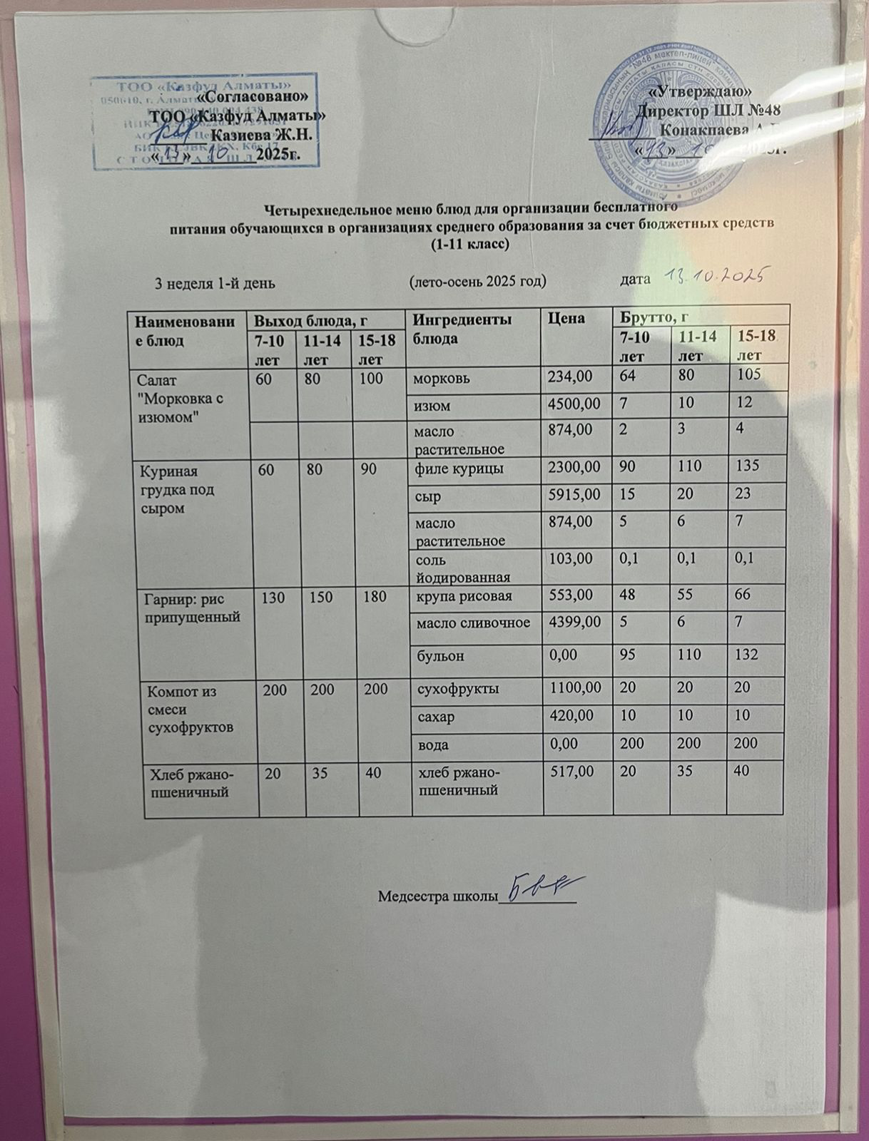 Меню на понедельник (3 неделя 2025-2026 уч. года)