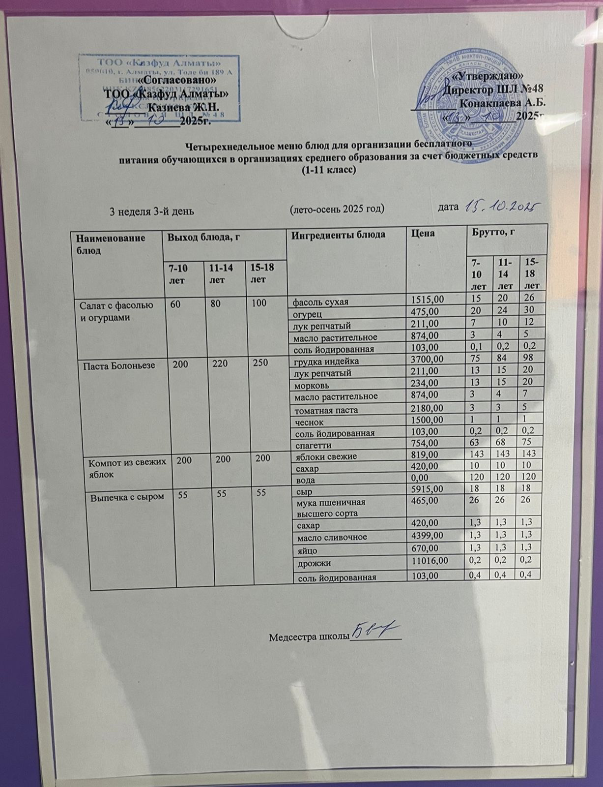 Меню на среду (3 неделя 2025-2026 уч. года)