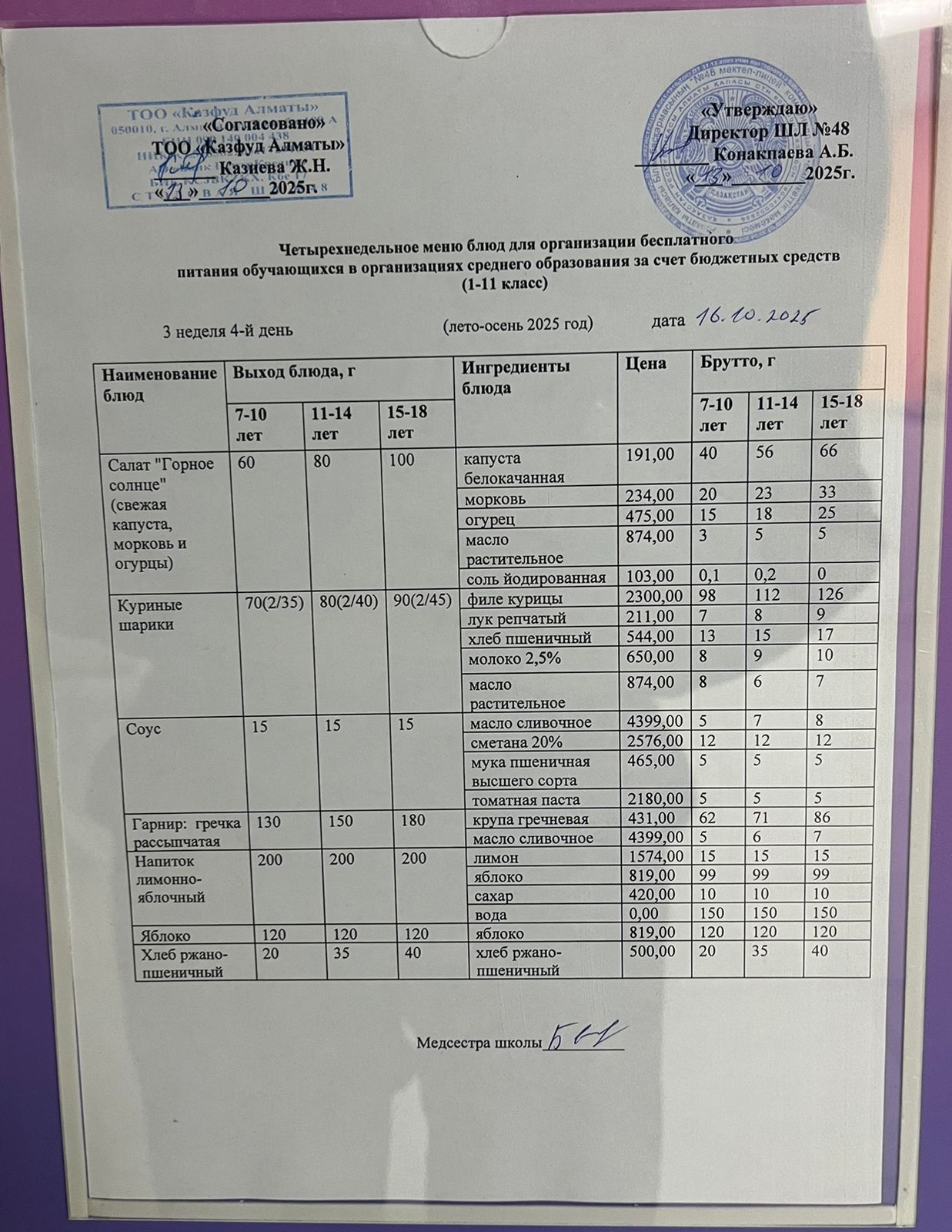 Меню на четверг (3 неделя 2025-2026 уч. года)
