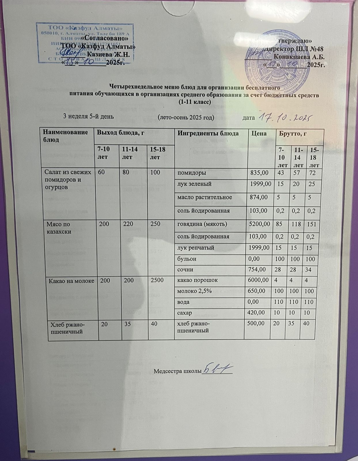 Меню на пятницу (3 неделя 2025-2026 уч. года)