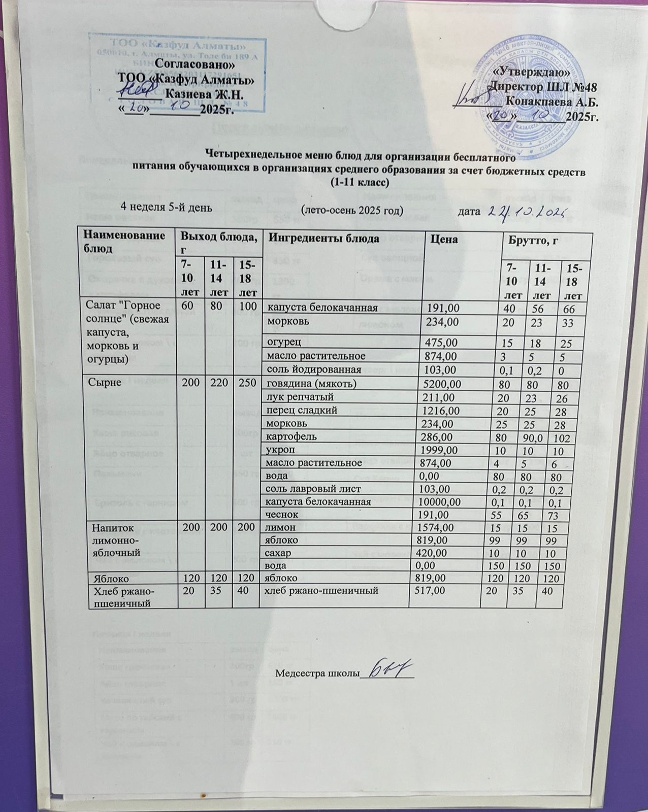 Меню на пятницу (4 неделя 2025-2026 уч. года)