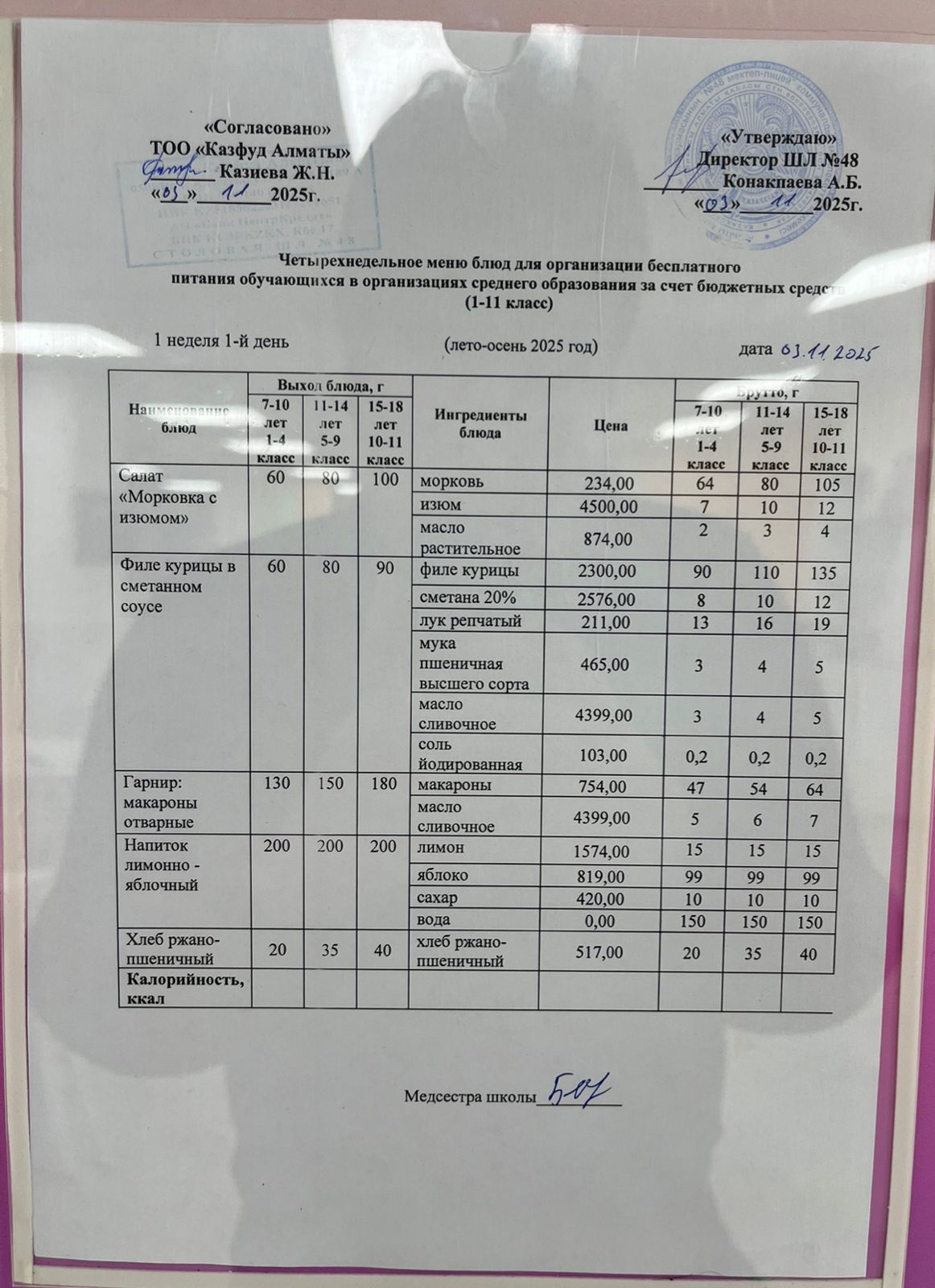 Меню на понедельник (1 неделя 2025-2026 уч. года)