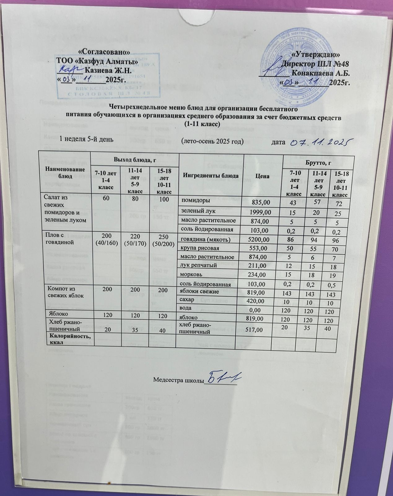 Меню на пятницу (1 неделя 2025-2026 уч. года)