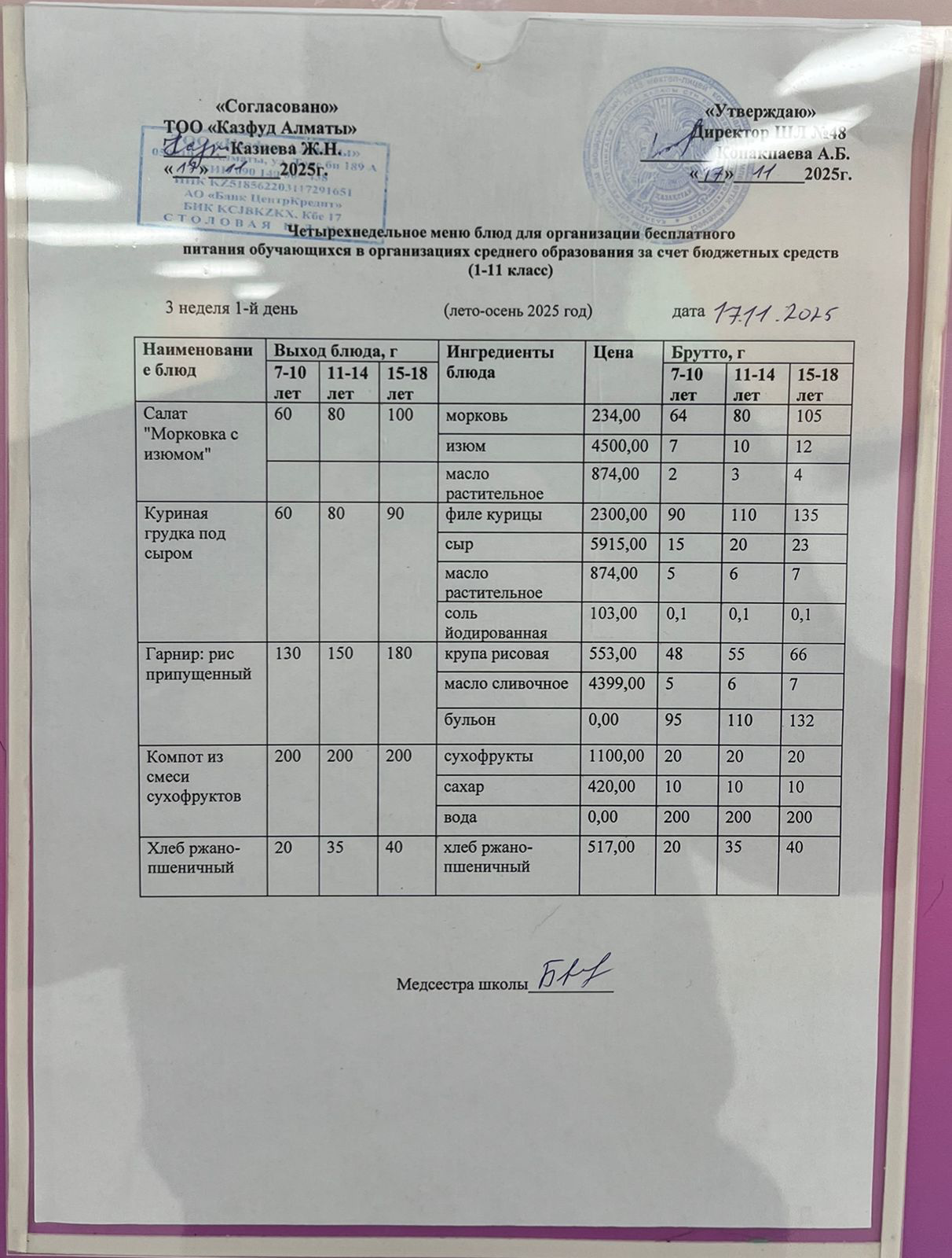 Меню на понедельник (3 неделя 2025-2026 уч. года)
