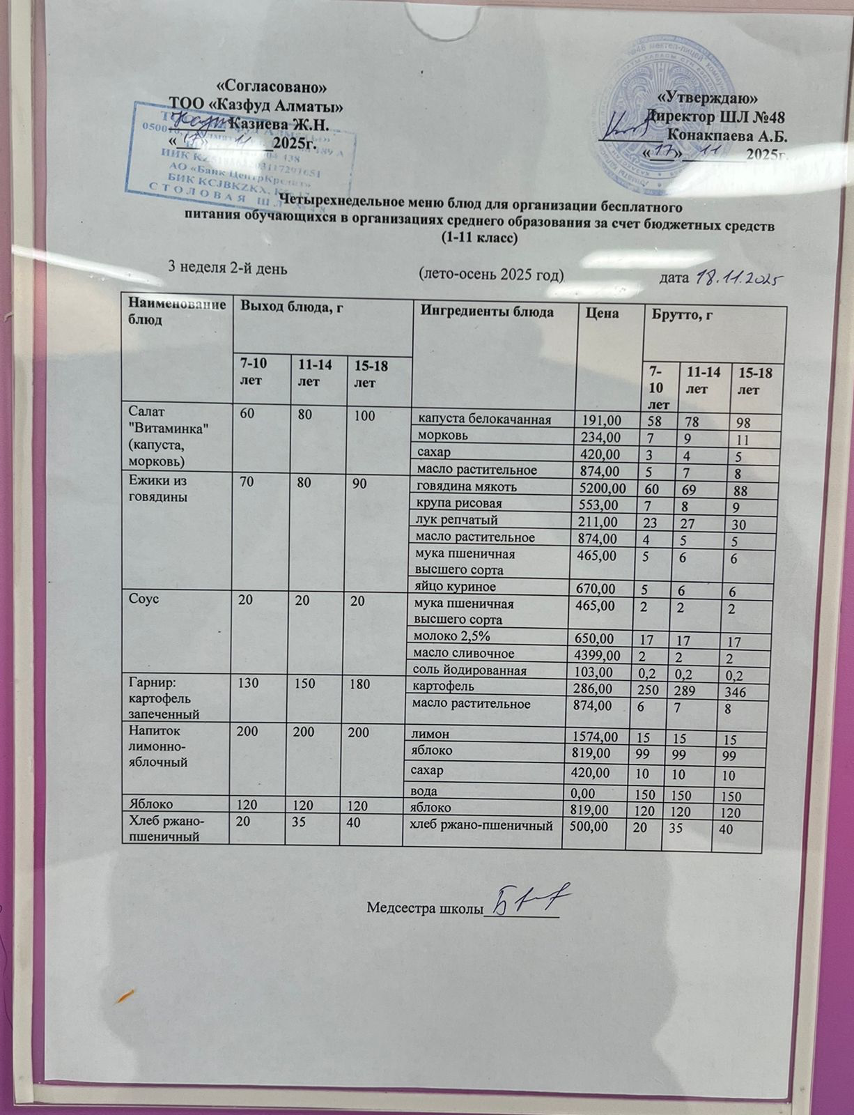Меню на вторник (3 неделя 2025-2026 уч. года)