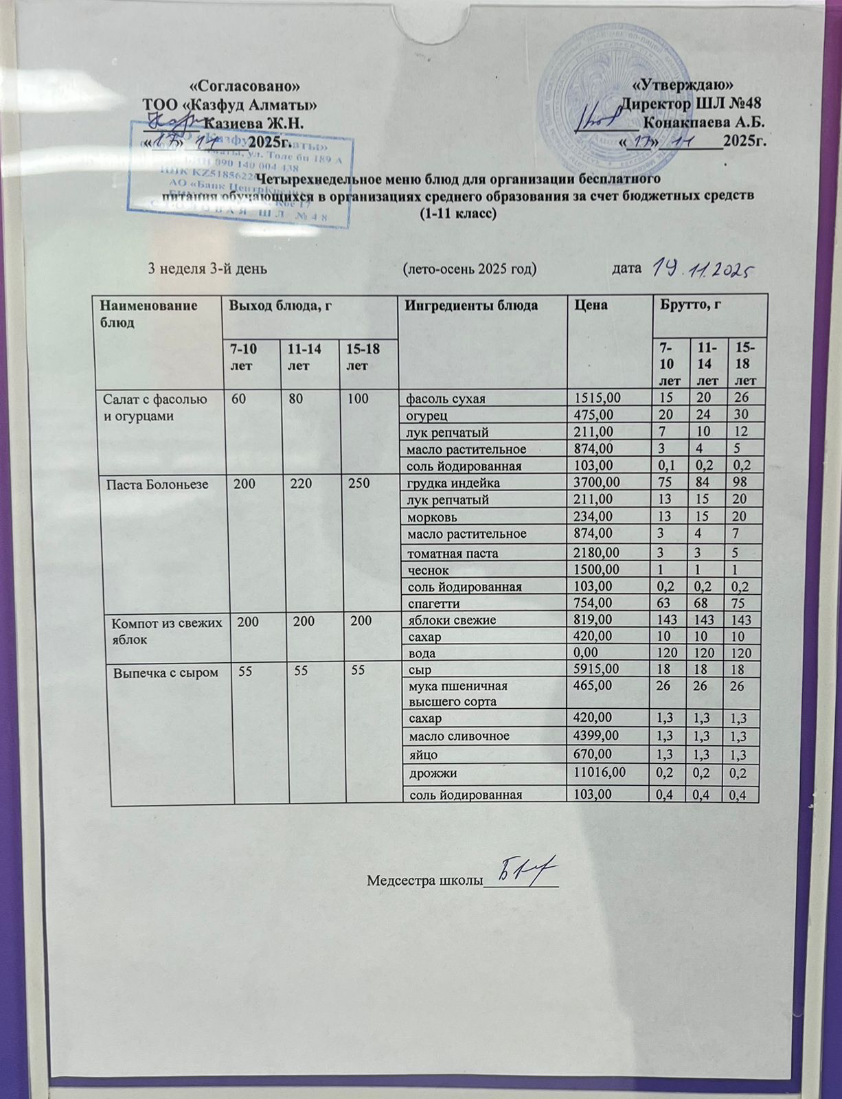 Меню на среду (3 неделя 2025-2026 уч. года)