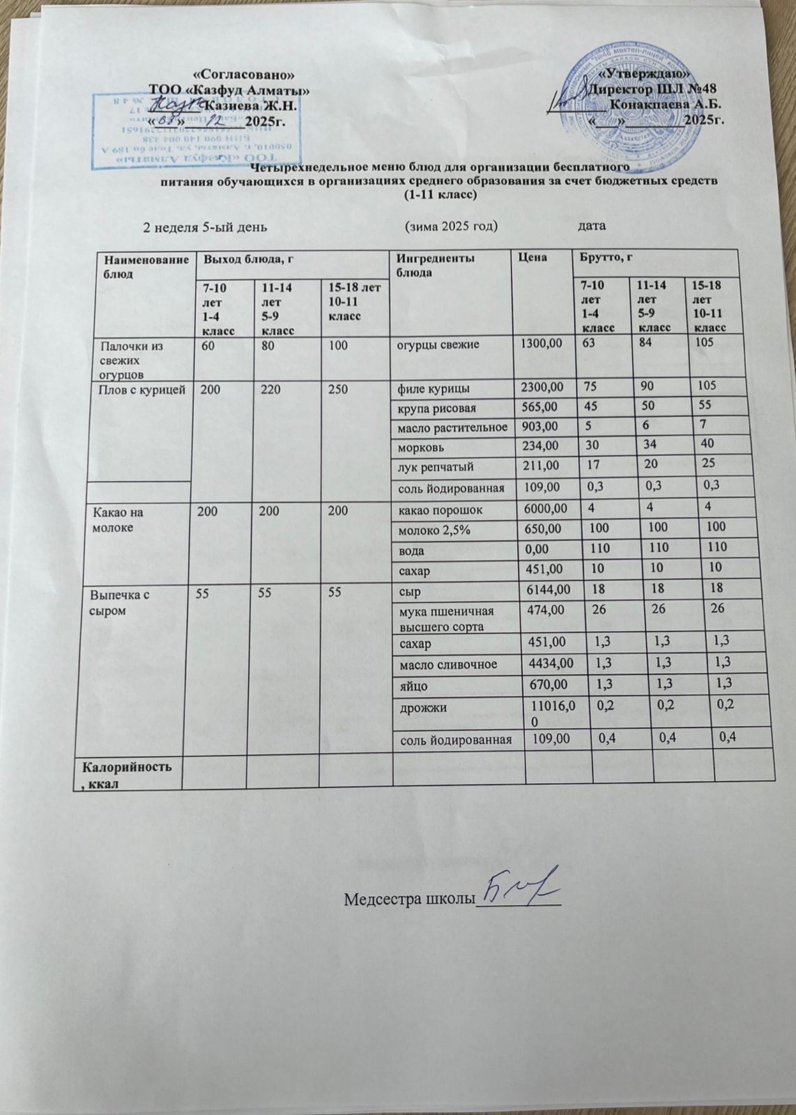 Меню на пятницу (2 неделя 2025-2026 уч. года)