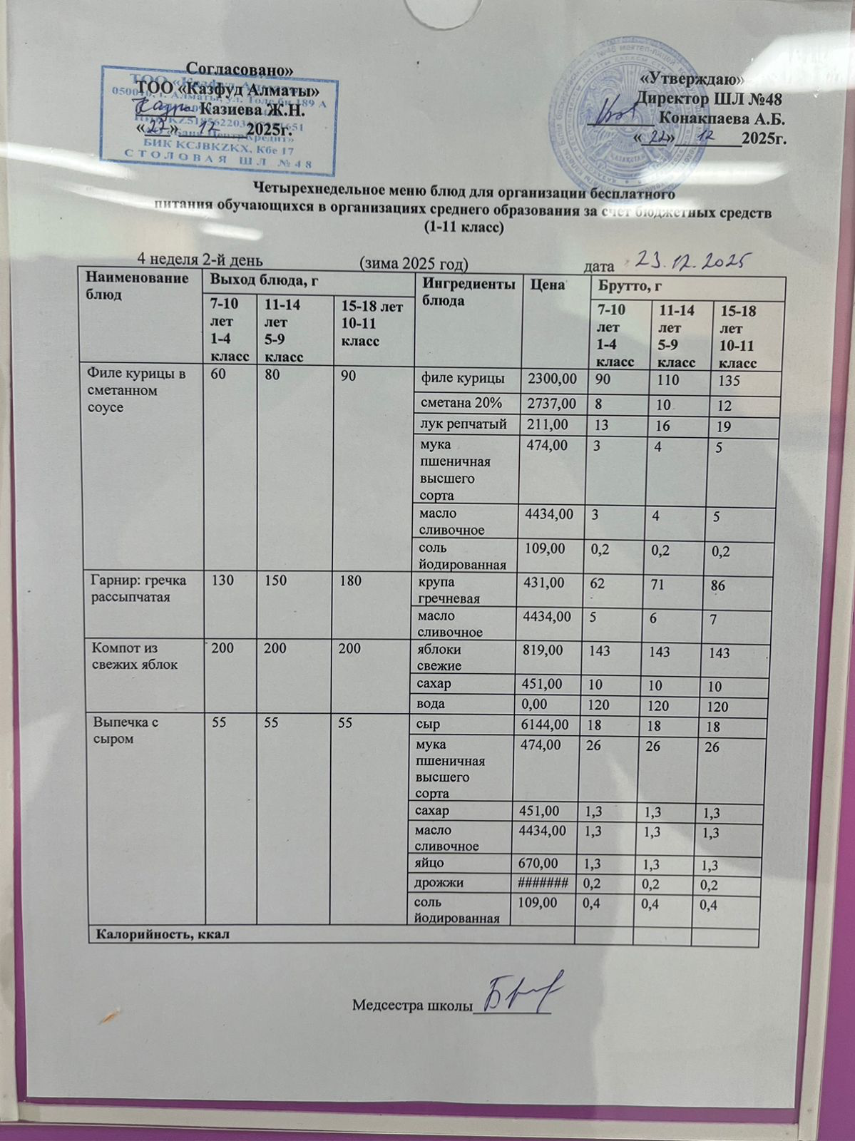 Меню на вторник (4 неделя 2025-2026 уч. года)