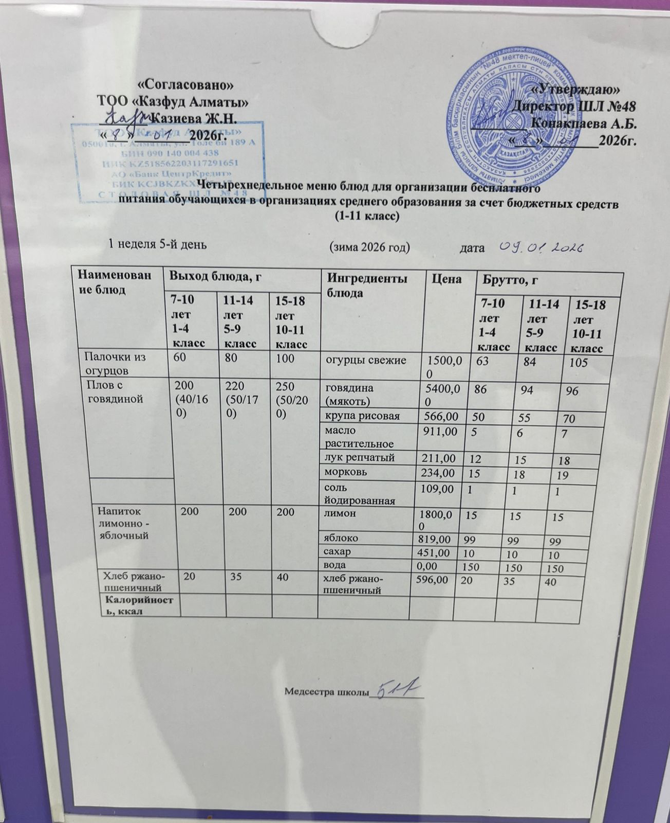 Меню на пятницу (1 неделя 2025-2026 уч. года)