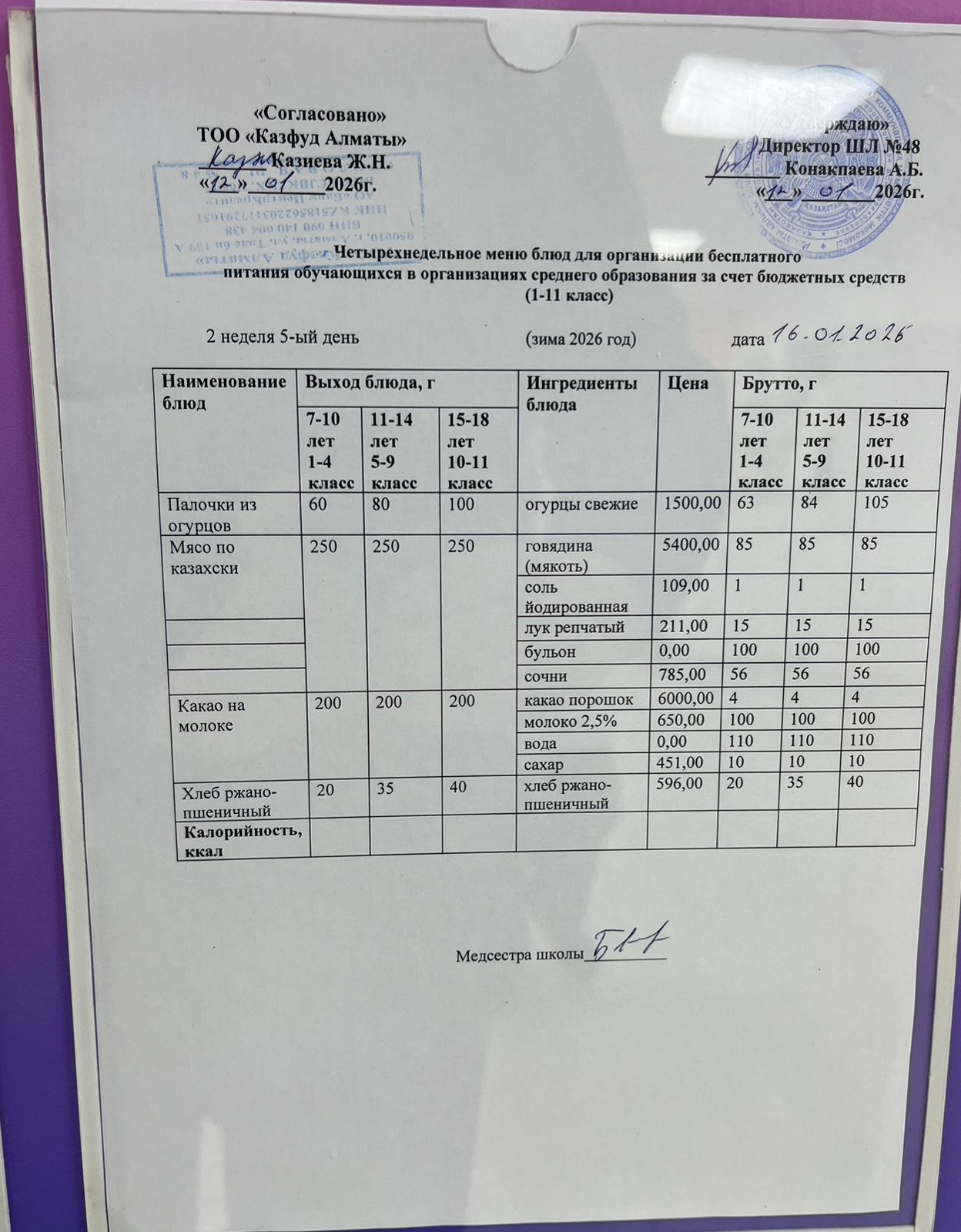 Меню на пятницу (2 неделя 2025-2026 уч. года)