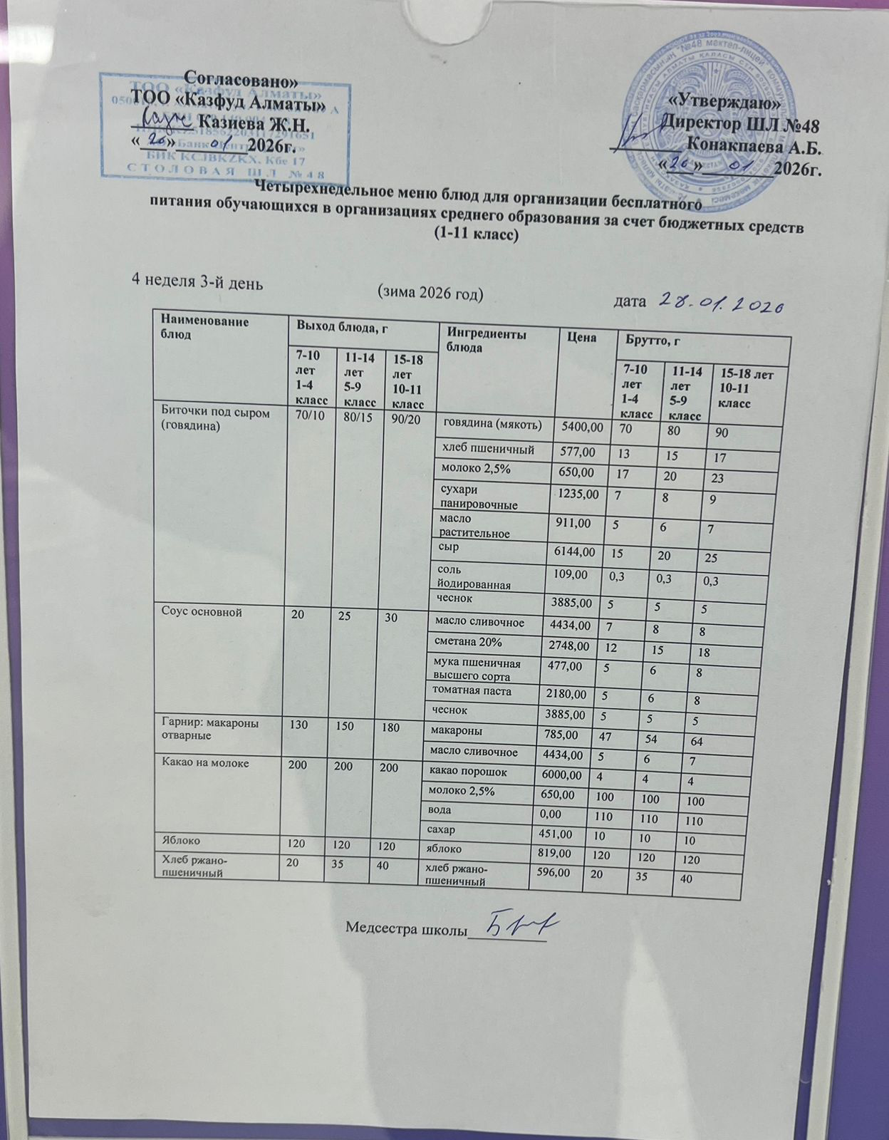 Меню на среду (4 неделя 2025-2026 уч. года)