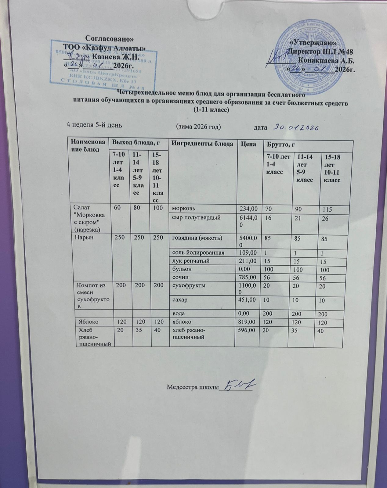 Меню на пятницу (4 неделя 2025-2026 уч. года)