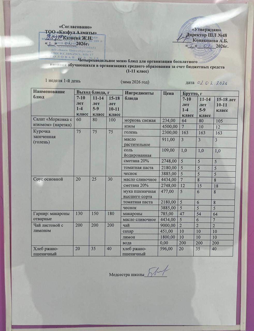 Меню на понедельник (1 неделя 2025-2026 уч. года)