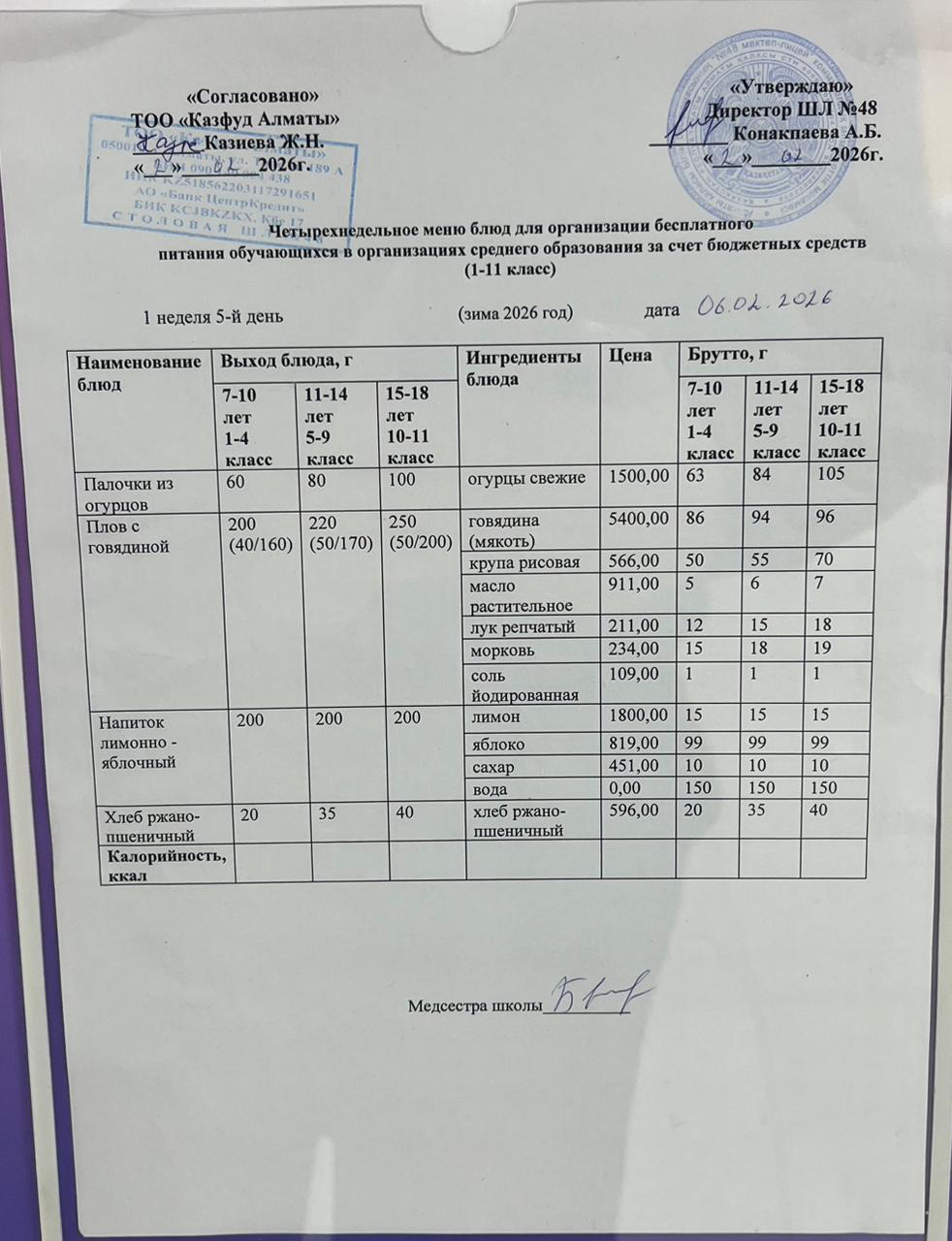Меню на пятницу (1 неделя 2025-2026 уч. года)