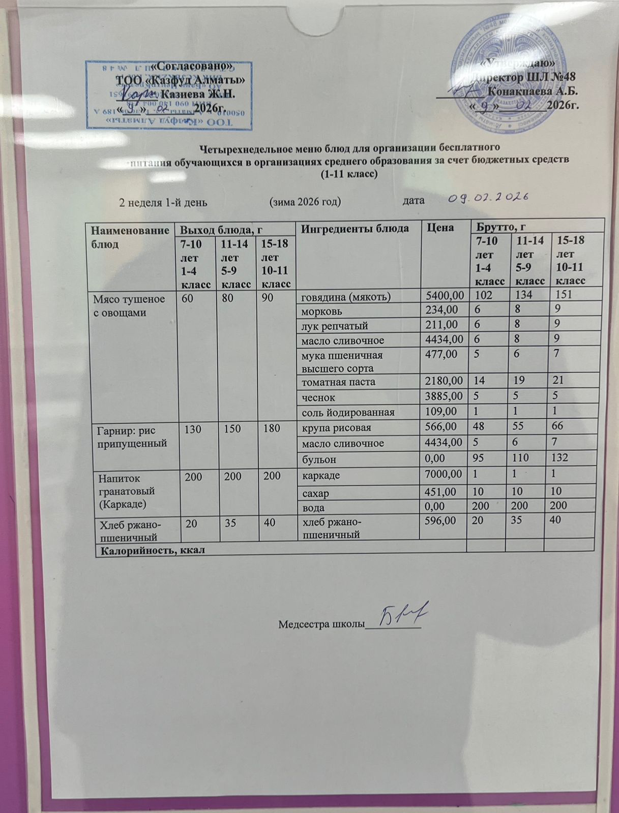 Меню на понедельник (2 неделя 2025-2026 уч. года)