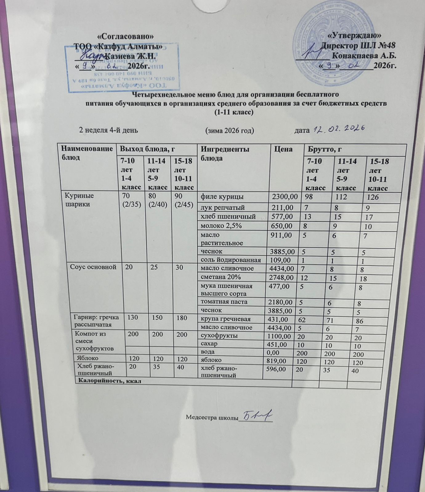 Меню на четверг (2 неделя 2025-2026 уч. года)