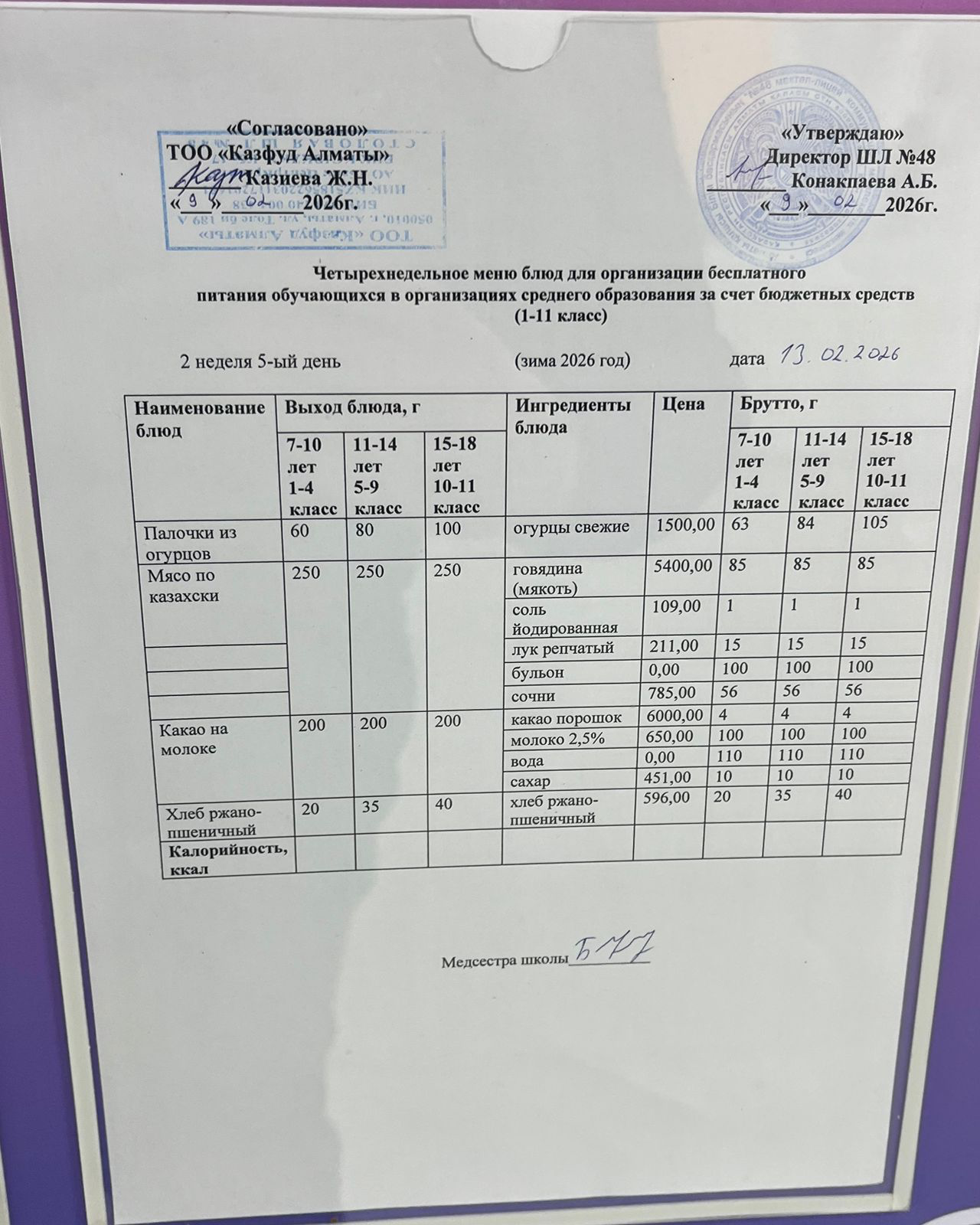 Меню на пятницу (2 неделя 2025-2026 уч. года)