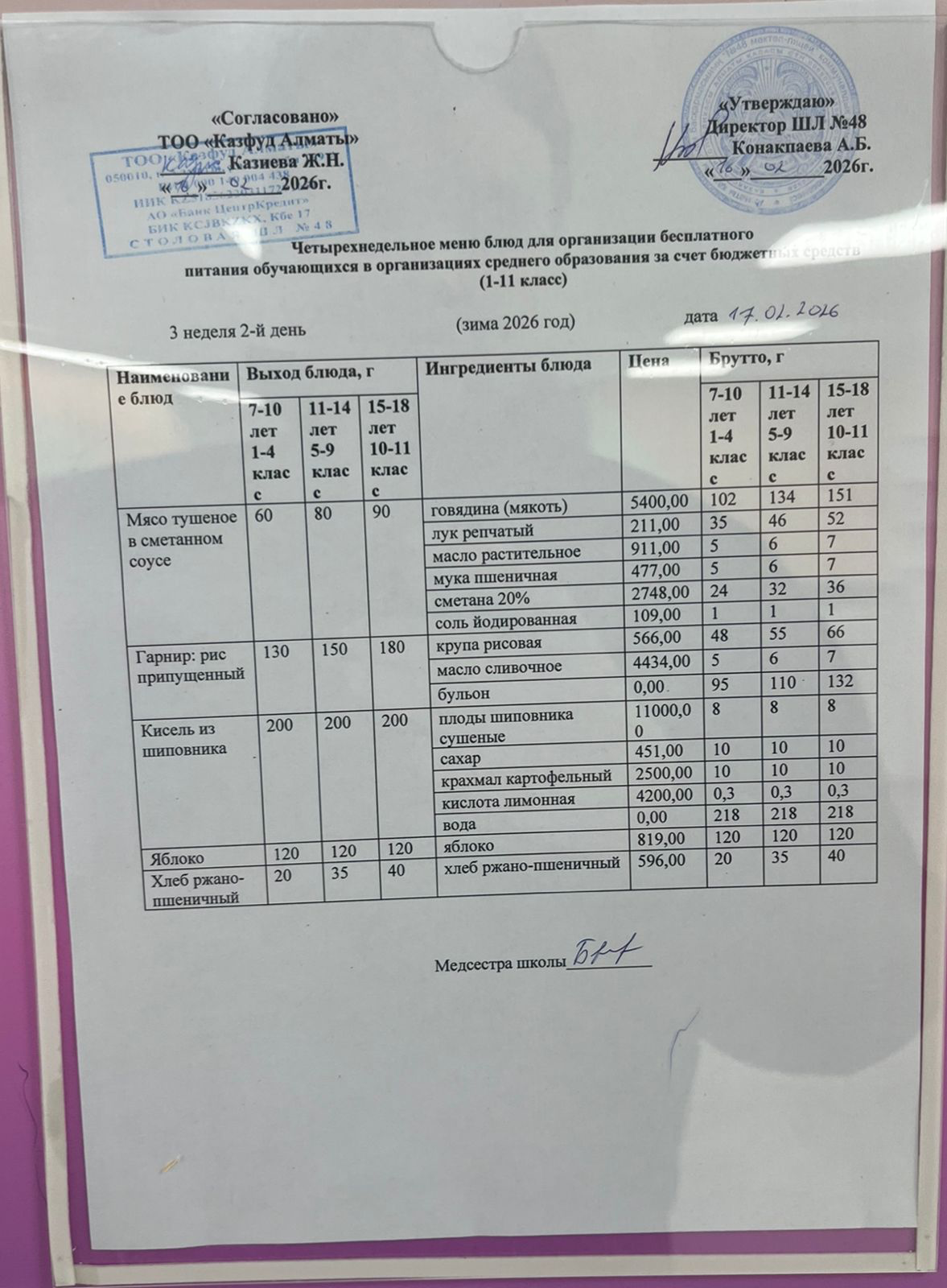 Меню на вторник (3 неделя 2025-2026 уч. года)
