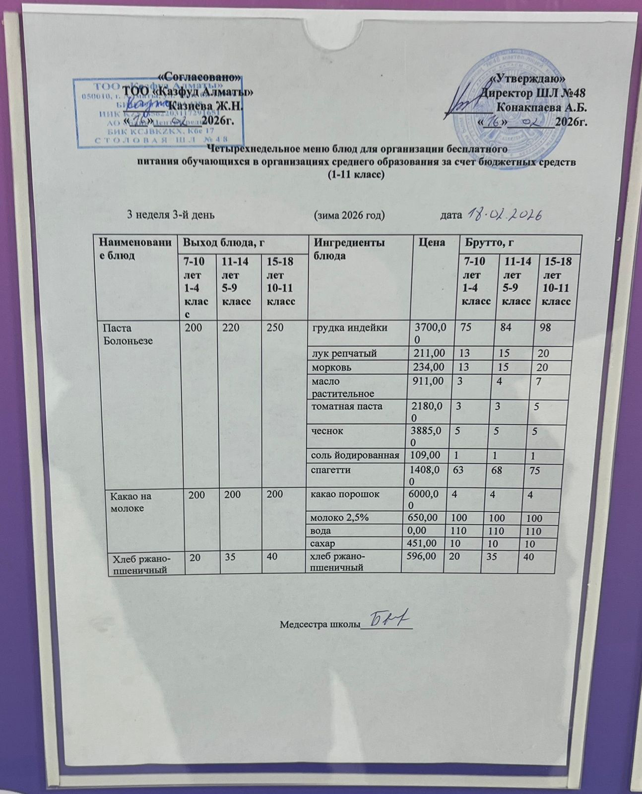 Меню на среду (3 неделя 2025-2026 уч. года)