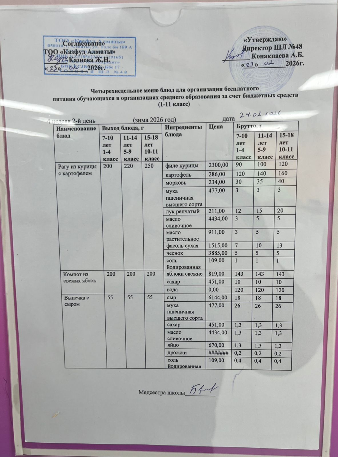 Меню на вторник (4 неделя 2025-2026 уч. года)