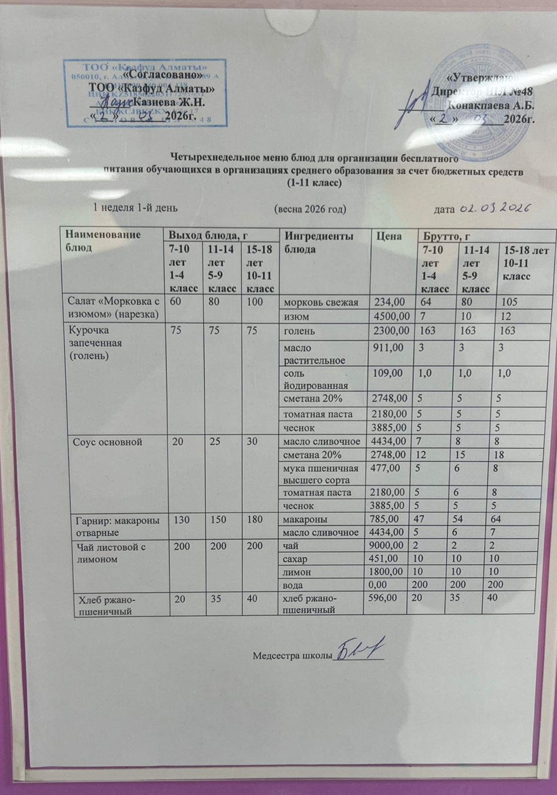 Меню на понедельник (1 неделя 2025-2026 уч. года)