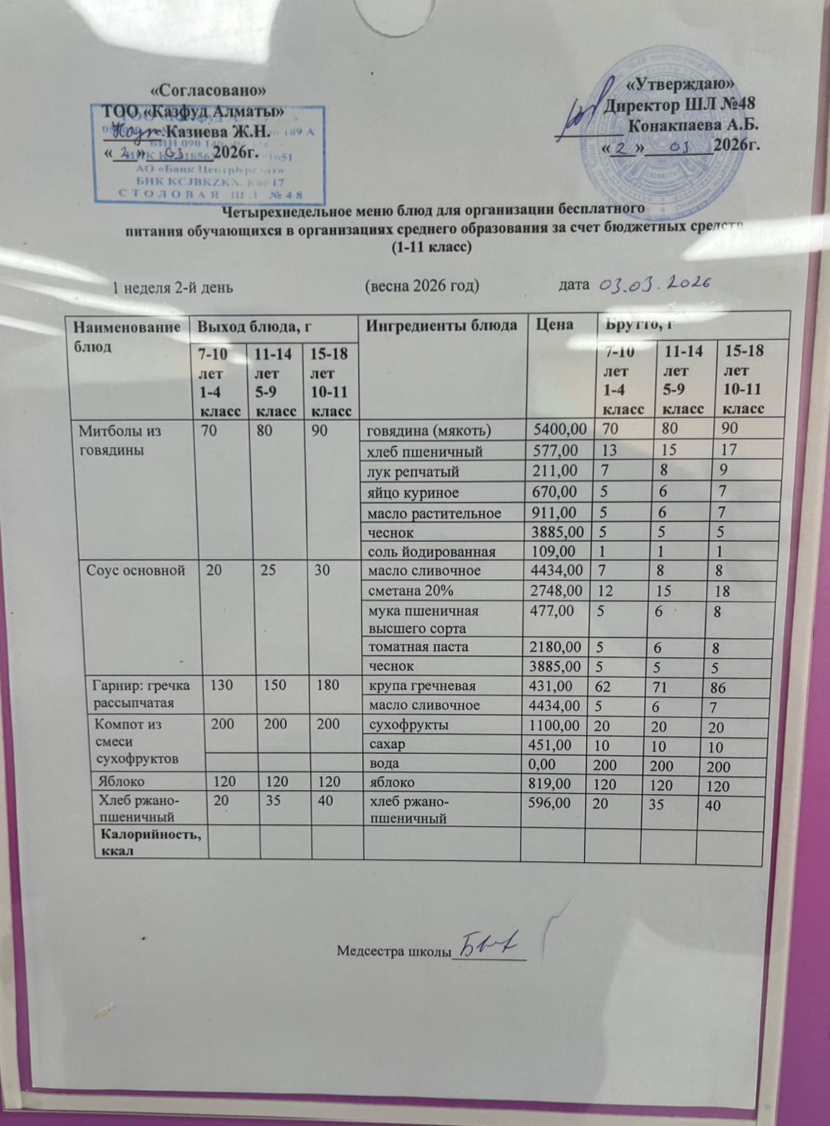 Меню на вторник (1 неделя 2025-2026 уч. года)