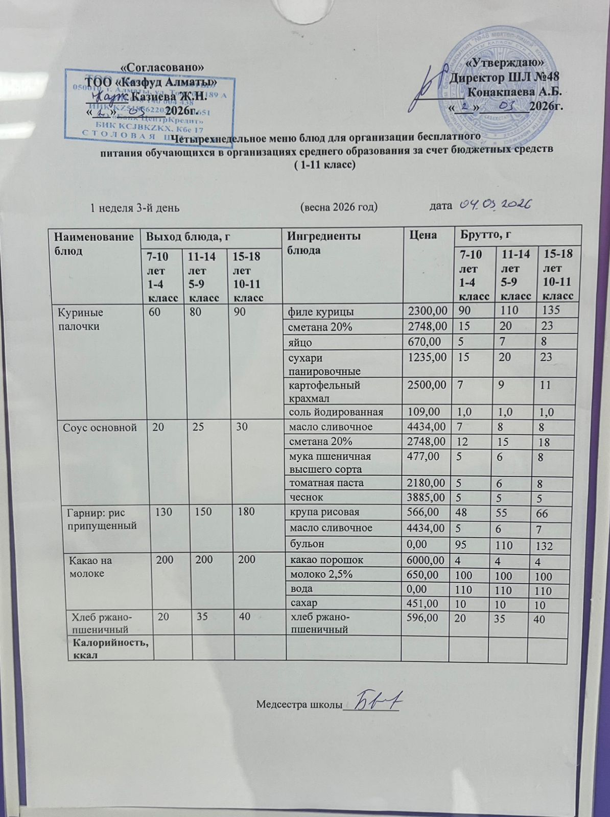 Меню на среду (1 неделя 2025-2026 уч. года)