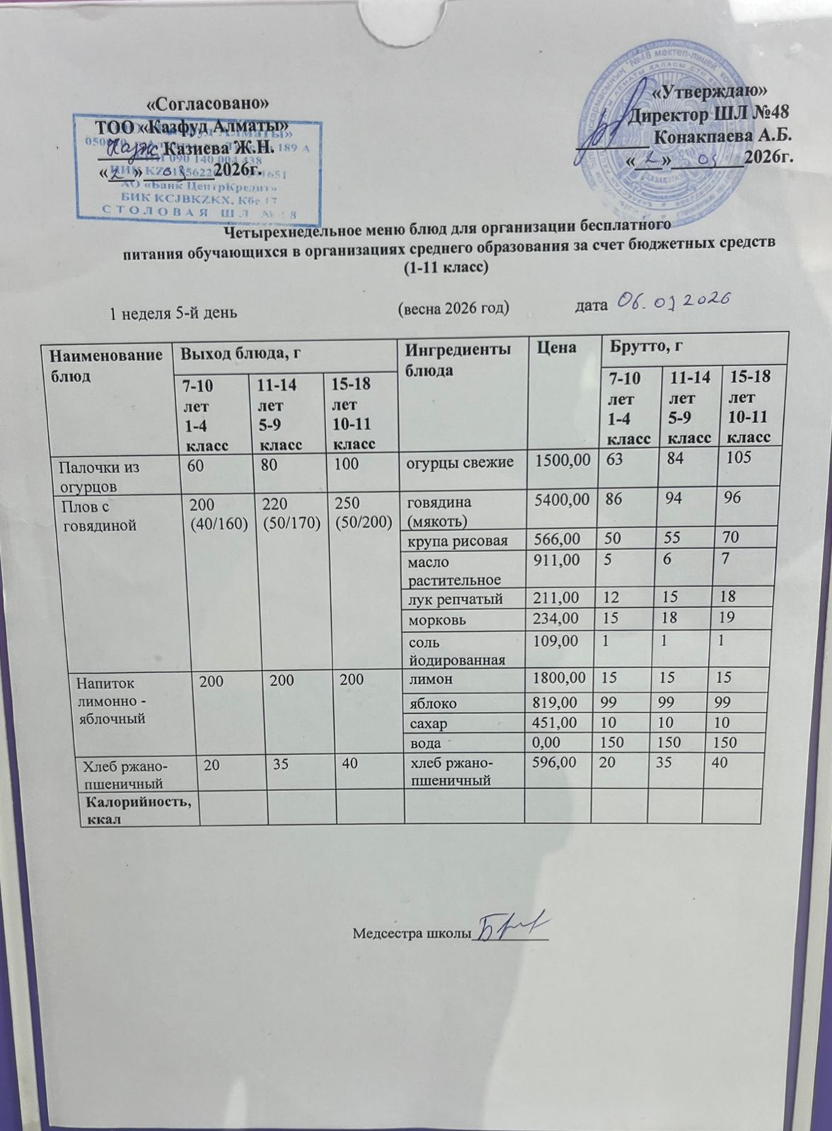 Меню на пятницу (1 неделя 2025-2026 уч. года)