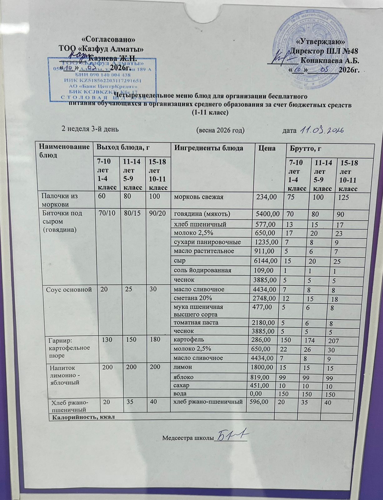 Меню на среду (2 неделя 2025-2026 уч. года)