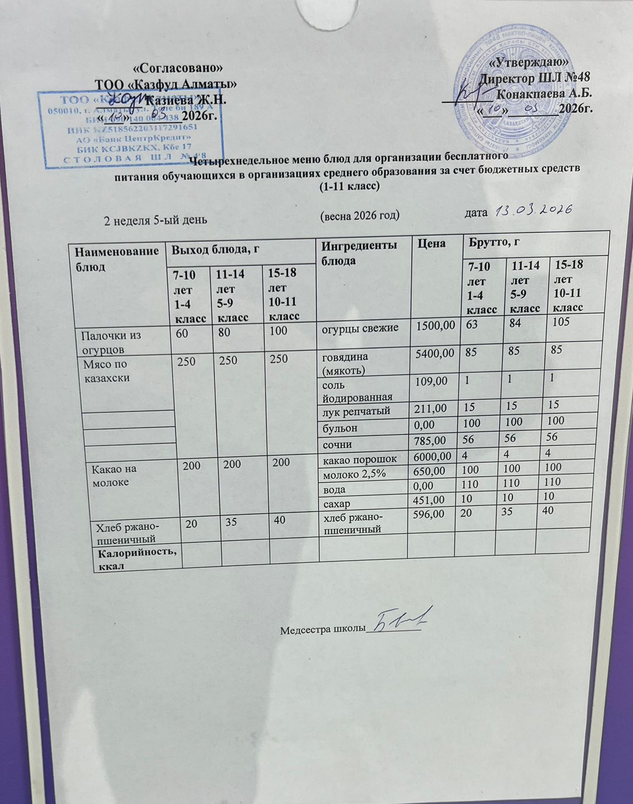 Меню на пятницу (2 неделя 2025-2026 уч. года)