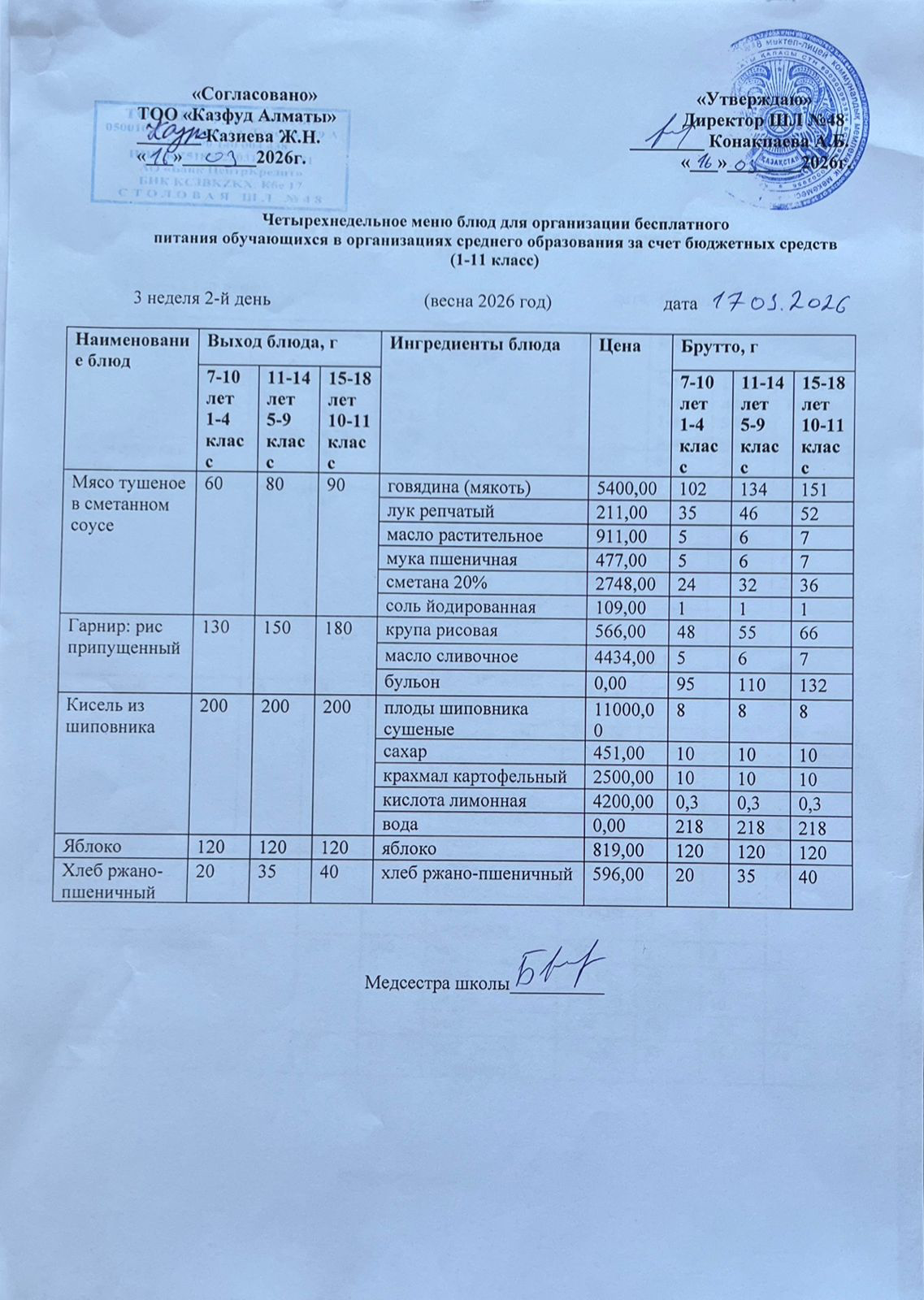 Меню на вторник (3 неделя 2025-2026 уч. года)