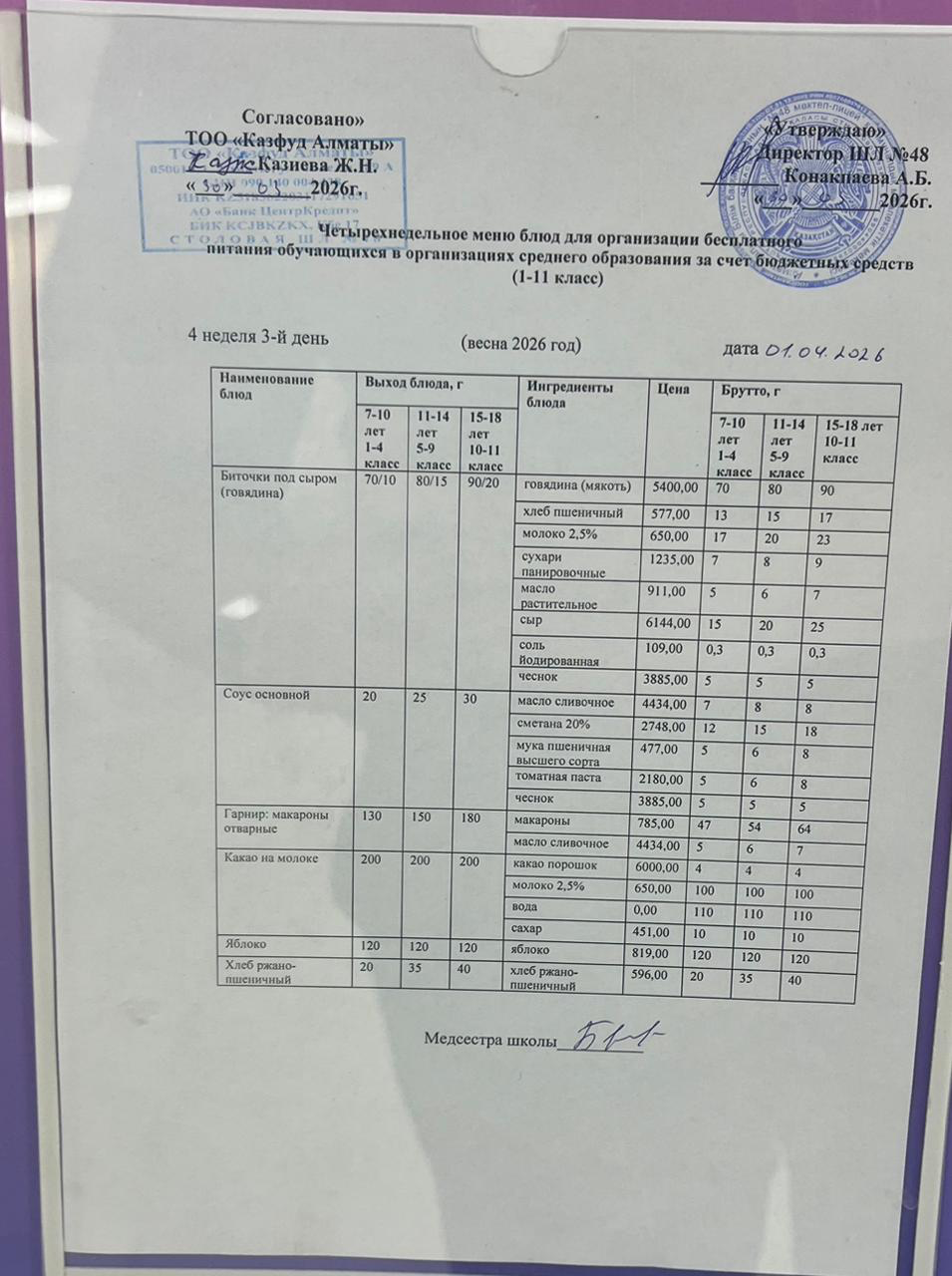 Меню на среду (4 неделя 2025-2026 уч. года)