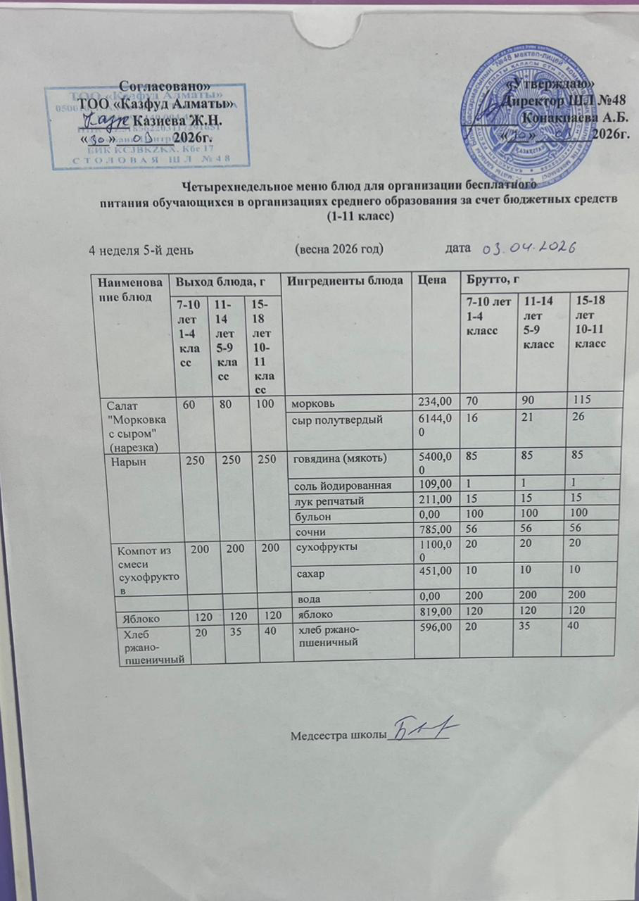 Меню на пятницу (4 неделя 2025-2026 уч. года)